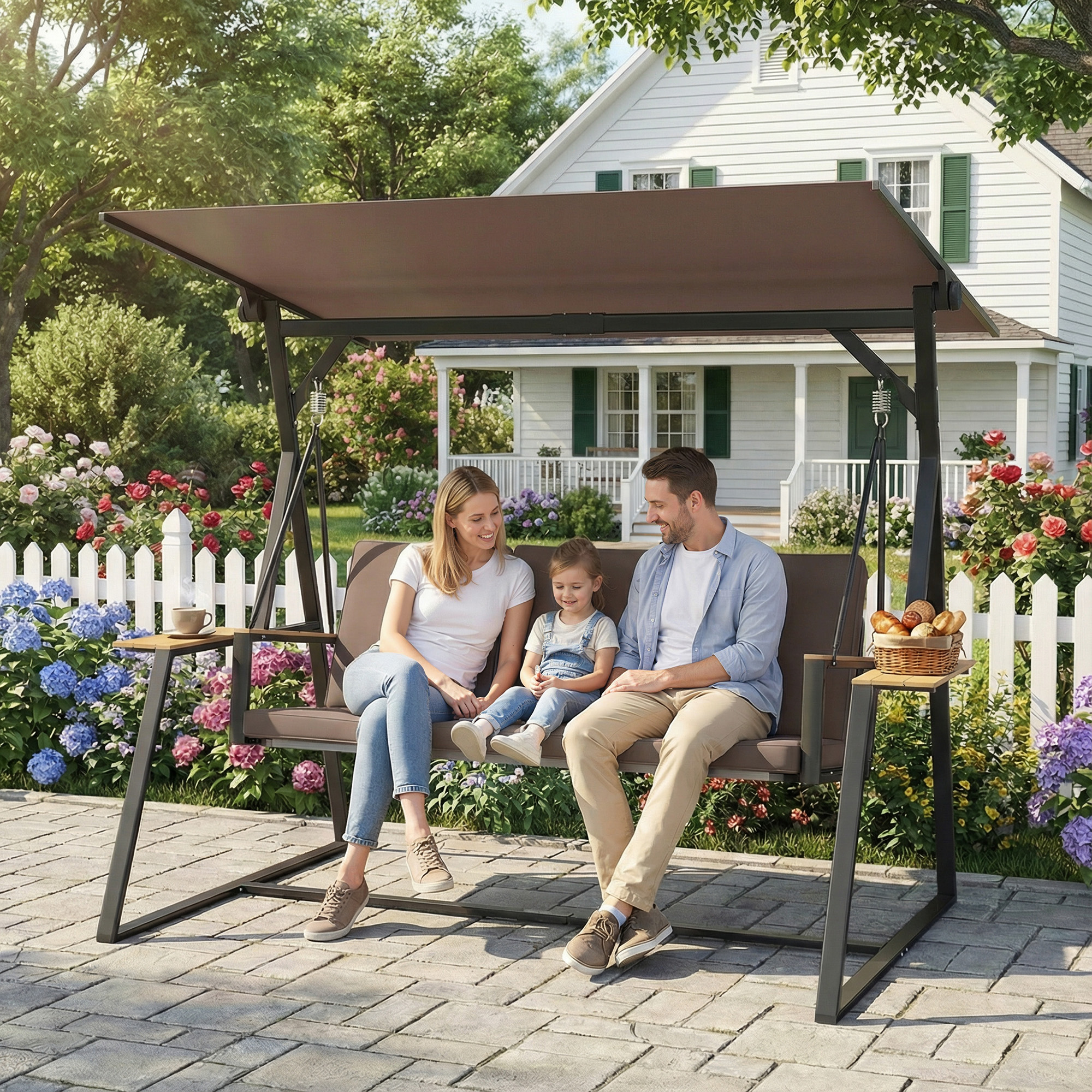  Leagan de gradina cu 3 locuri, cu copertina reglabila, cadru metalic, suporturi pentru pahare, perne moi, greutate suportata 360 kg, pentru terasa sau balcon, 222x131x175 cm, maro [1]