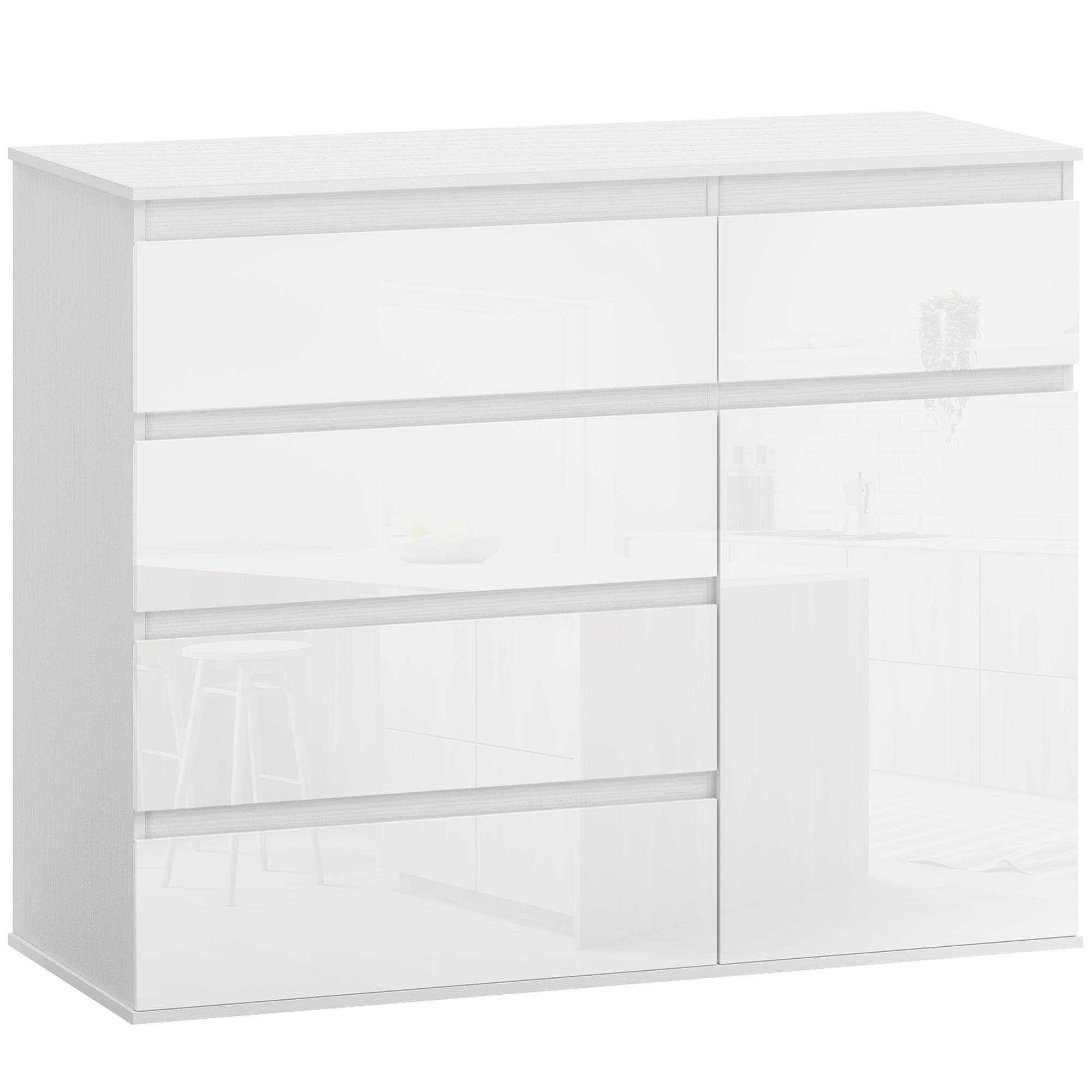 HOMCOM Modern dressoir, opbergdressoir met 5 lades, verstelbare plank, soft-close deur, hoogglans wit