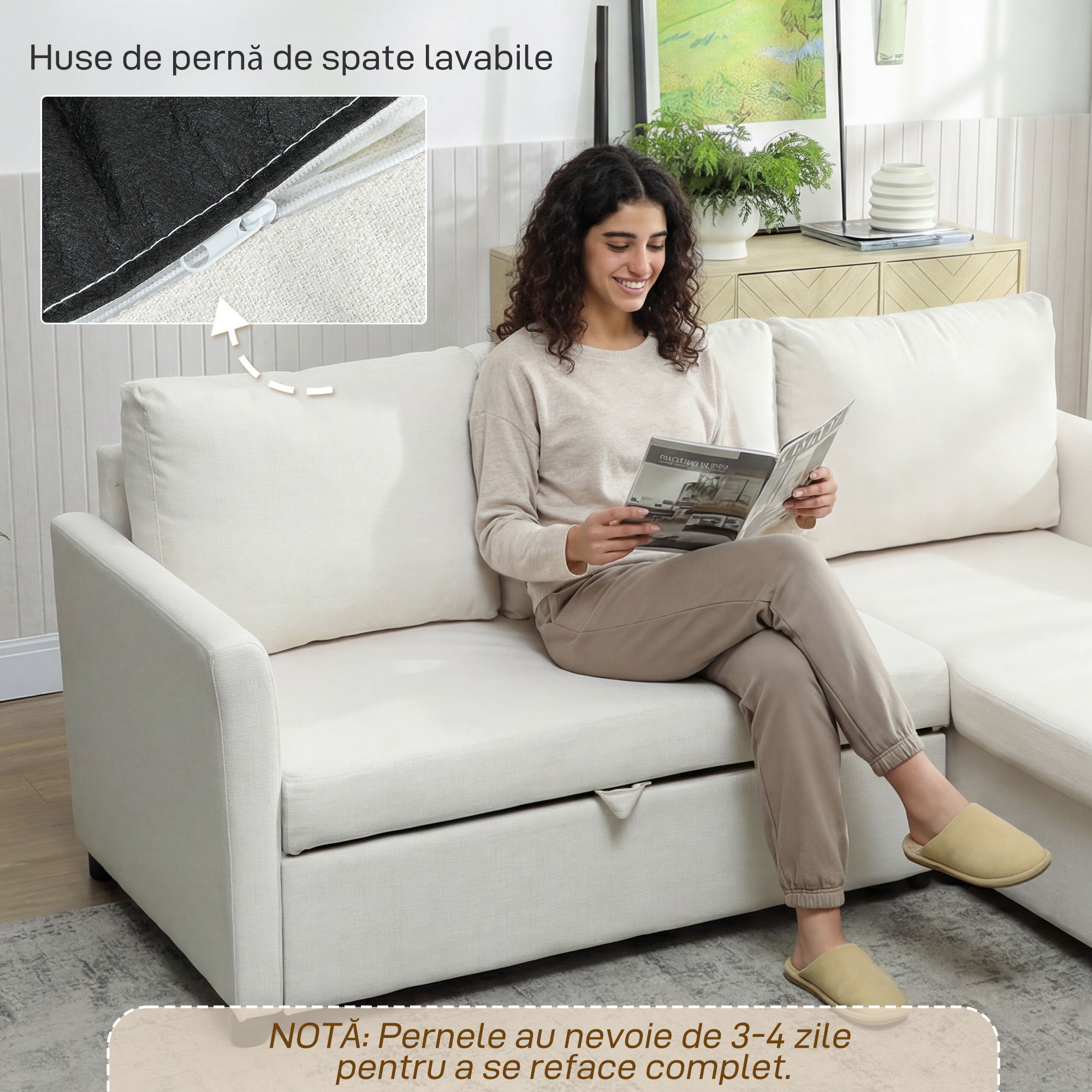  Canapea Extensibila cu 3 Locuri si sezlong, Canapea Coltar Convertibila cu Spatiu de Depozitare si 3 Perne Detasabile, Material Textil cu Efect de In, 192x148x86cm, Crem [7]