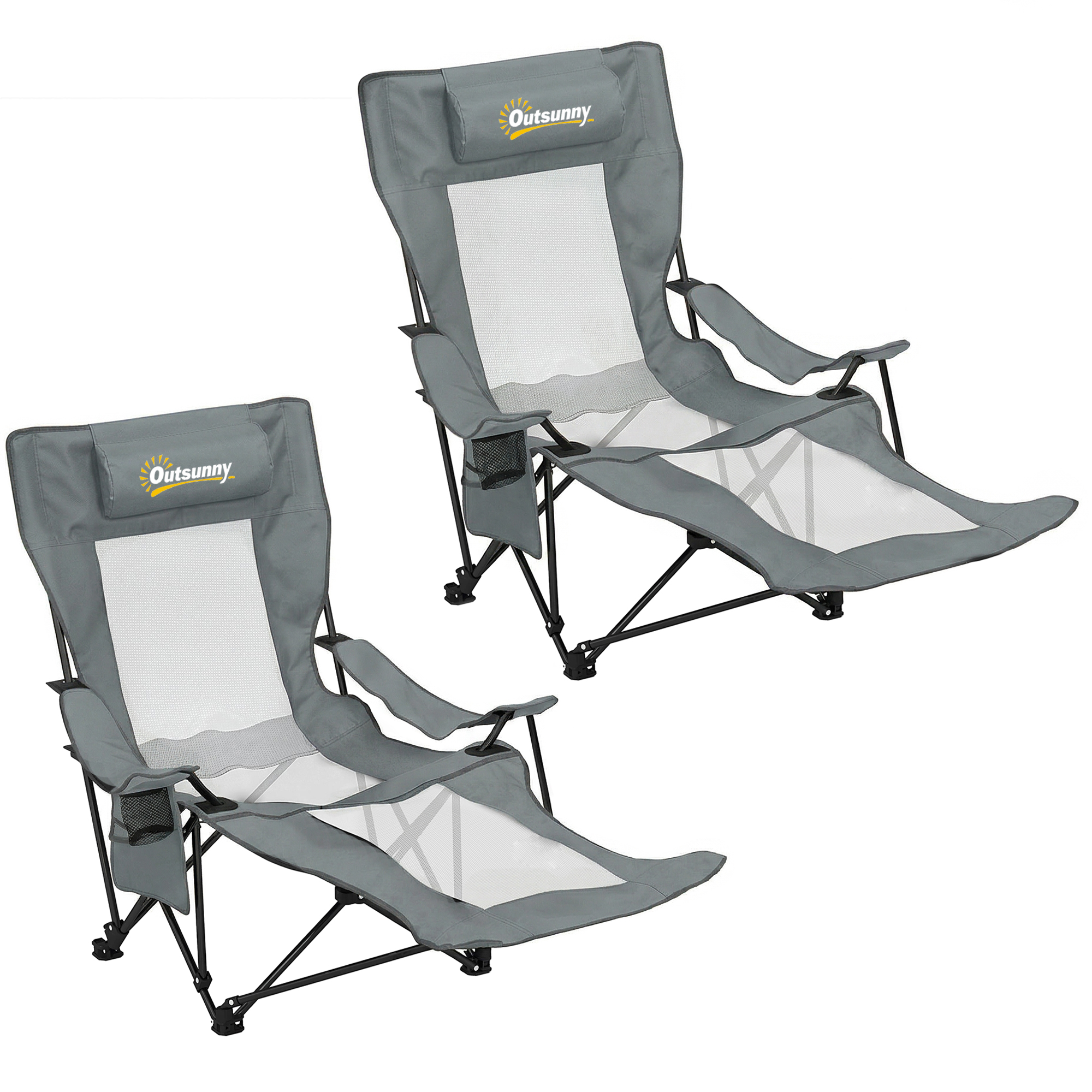 Outsunny 2er-Set Klapp-Campingstühle, 4 Positionen verstellbar, abnehmbarer Fußhocker, Aufbewahrungstasche, Getränkehalter, Seitentasche, Kopfstütze, Grau Aosom