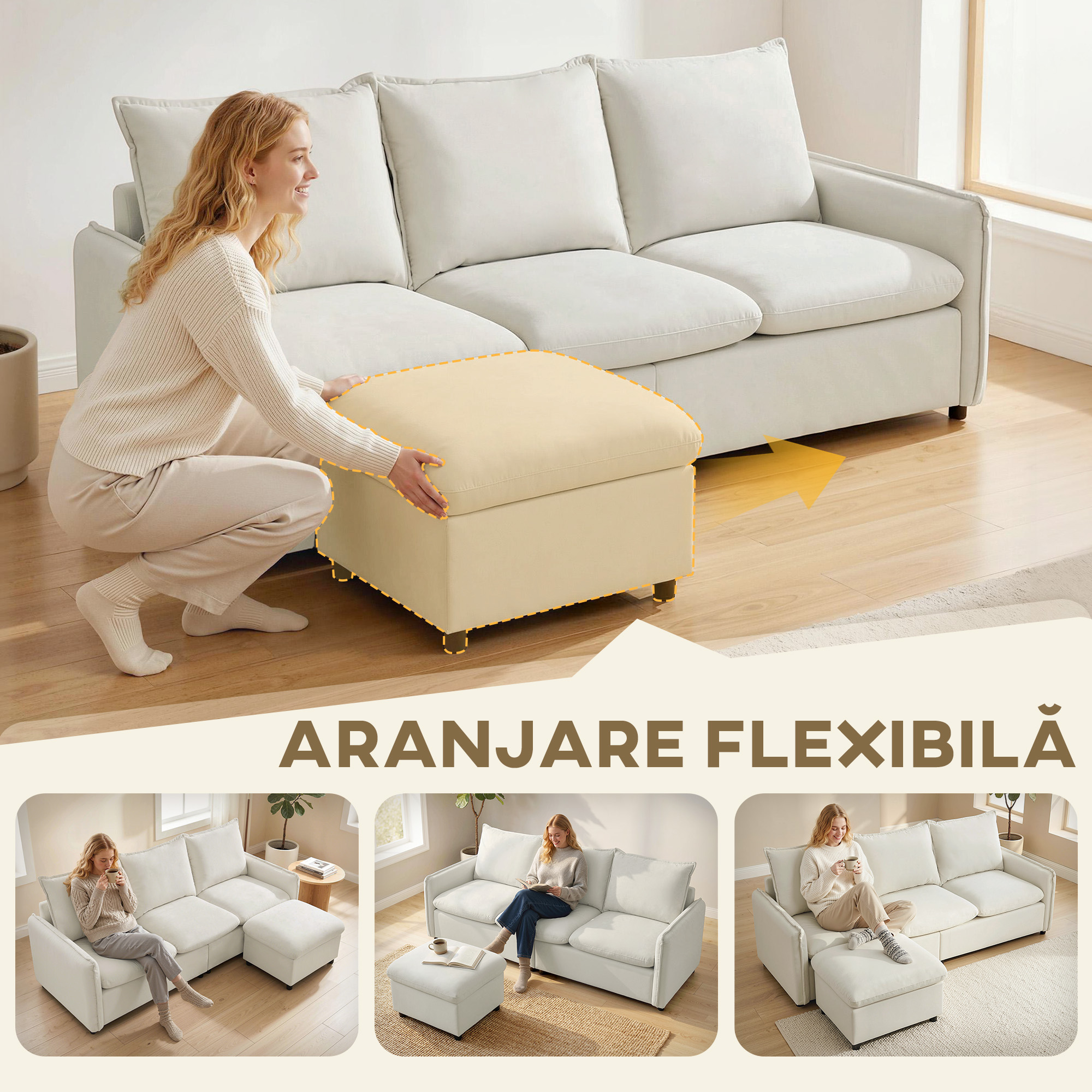 Set Canapea 3 Locuri, , Leathaire, 212x125x84cm, Crem [5]