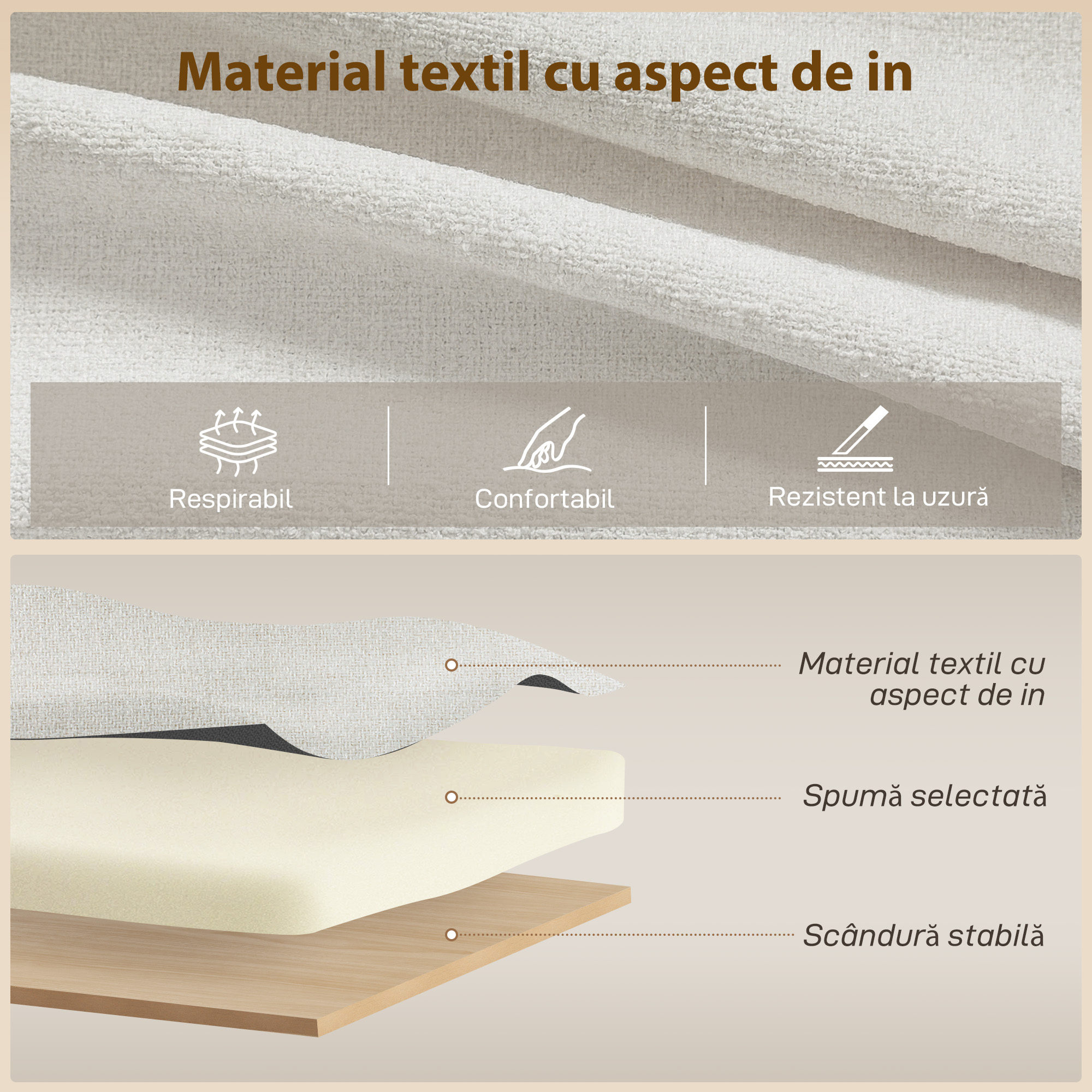  Canapea Extensibila cu 3 Locuri si sezlong, Canapea Coltar Convertibila cu Spatiu de Depozitare si 3 Perne Detasabile, Material Textil cu Efect de In, 192x148x86cm, Crem [6]