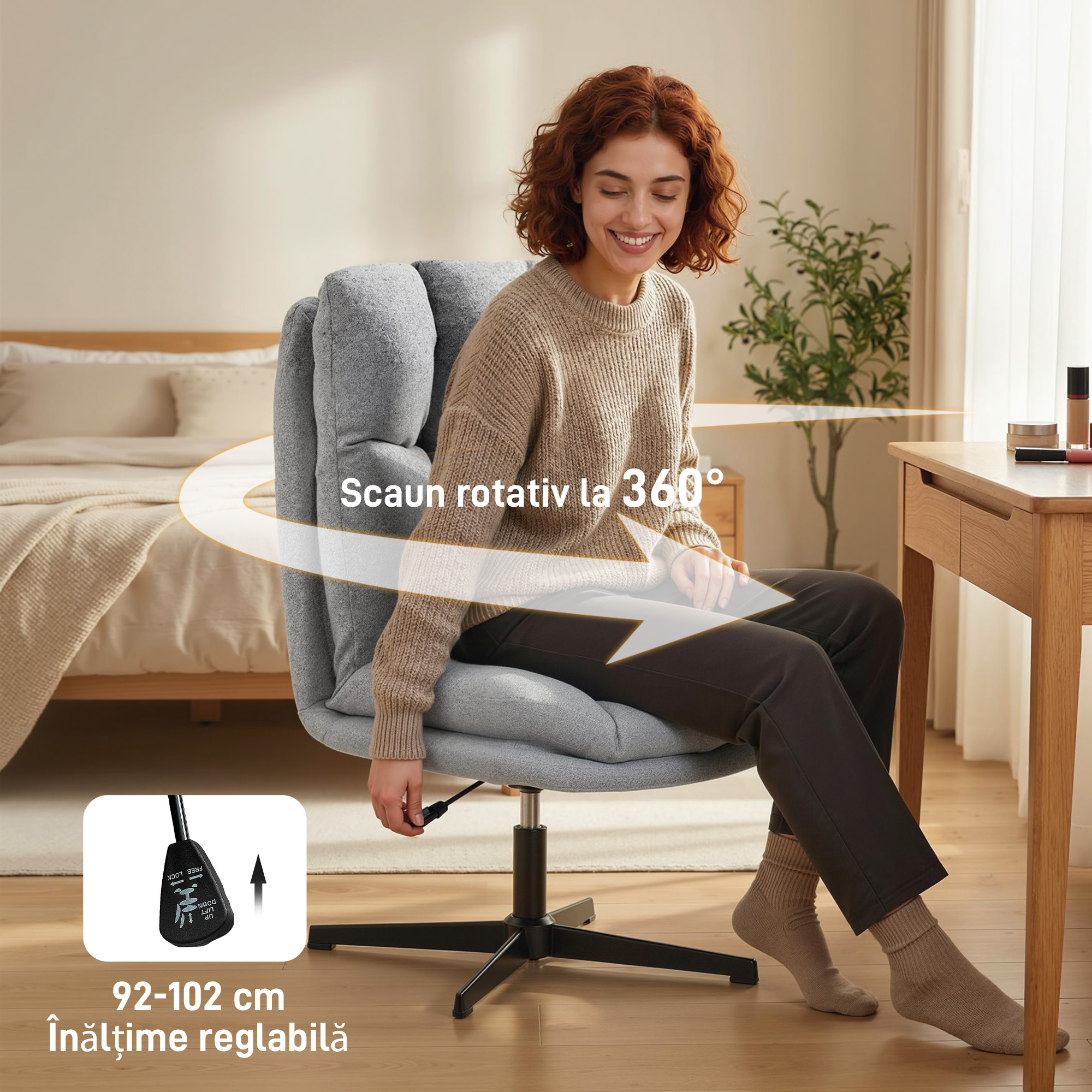  Fotoliu Rotativ de Living din Material Tip In, Fotoliu fara Brate cu sezut Spatios si Picioare din Metal, Gri Deschis [6]