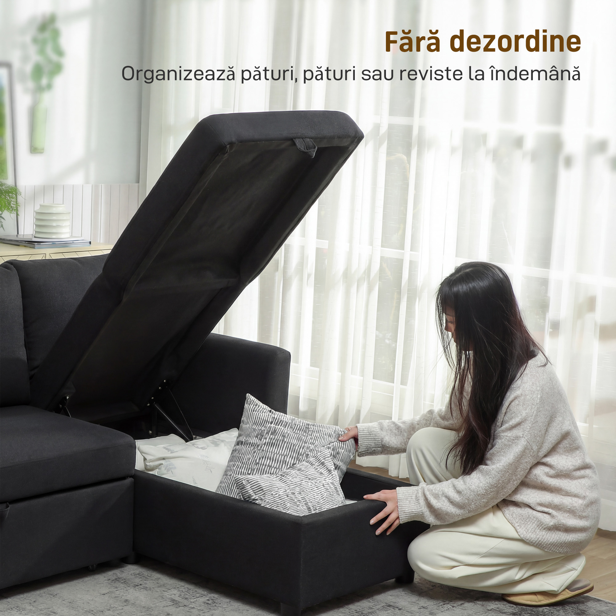  Canapea Extensibila cu 3 Locuri si sezlong Convertibil, Canapea de Colt cu Spatiu de Depozitare si 3 Perne Detasabile, Material Textil cu Efect de In, 192x148x86cm, Gri Antracit [5]
