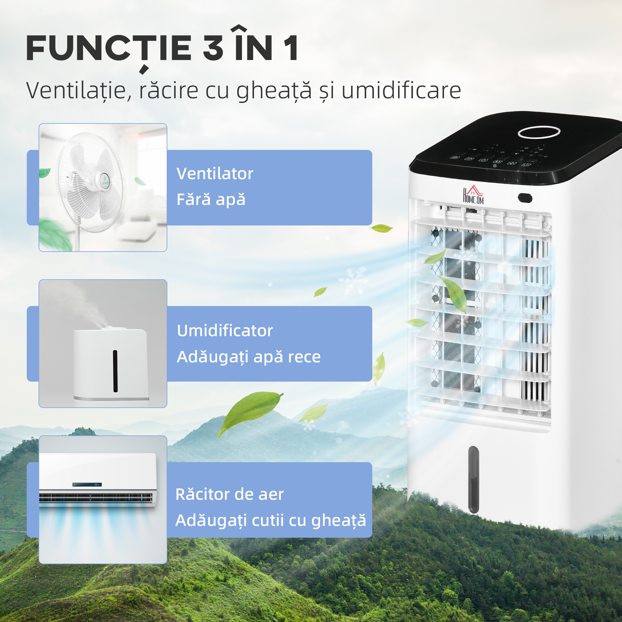  Racitor Evaporativ 3-in-1, Ventilator, Umidificator cu Gheata si Dezumidificator, 3 Viteze, 3 Moduri si Telecomanda, Timer 12 Ore, 65W din ABS, 24.5x27x60 cm, Alb [4]