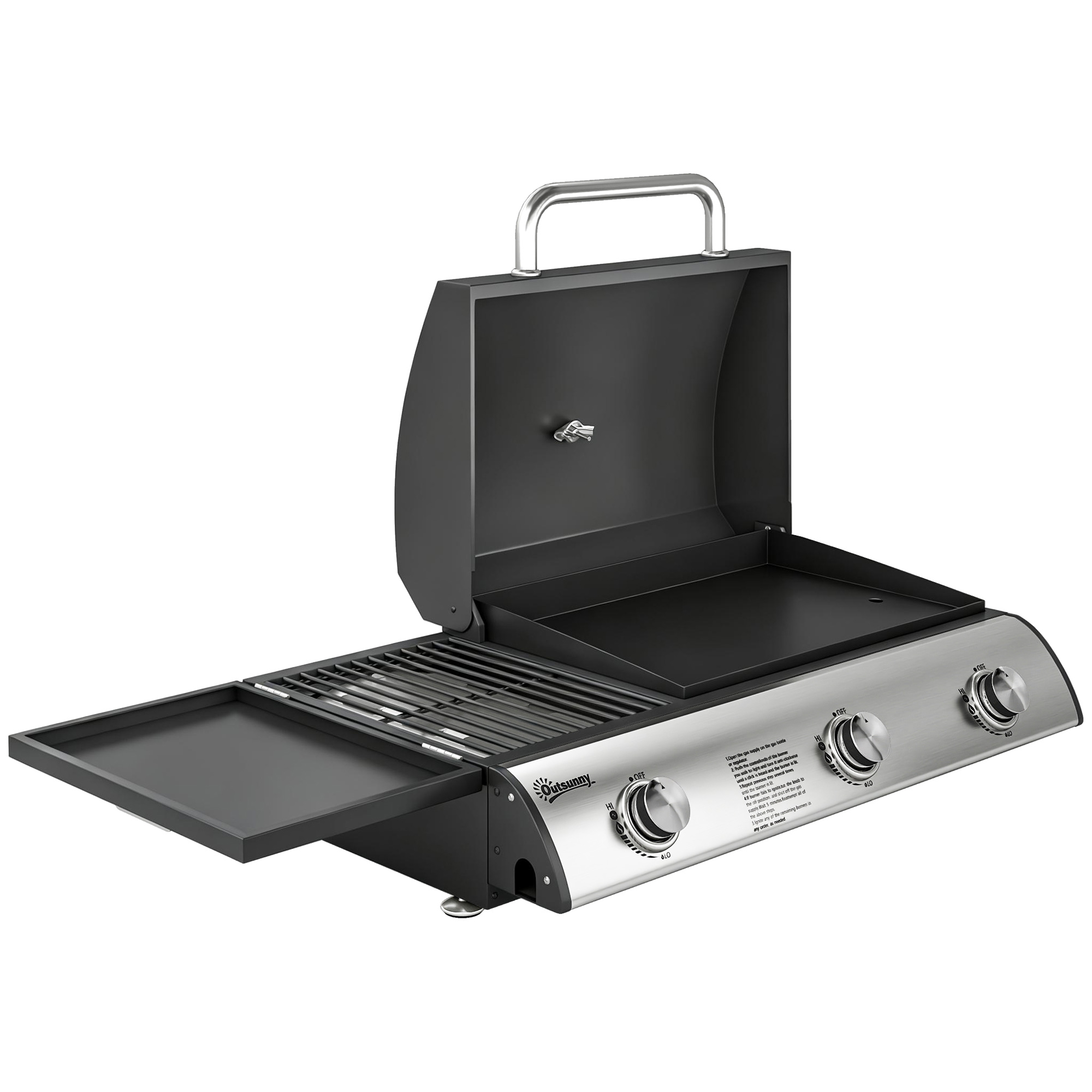 Outsunny Barbacoa de Gas BBQ Gas con 3 Quemadores 7,5 kW con Parrilla Plancha Estante Lateral Convertible Termómetro Negro