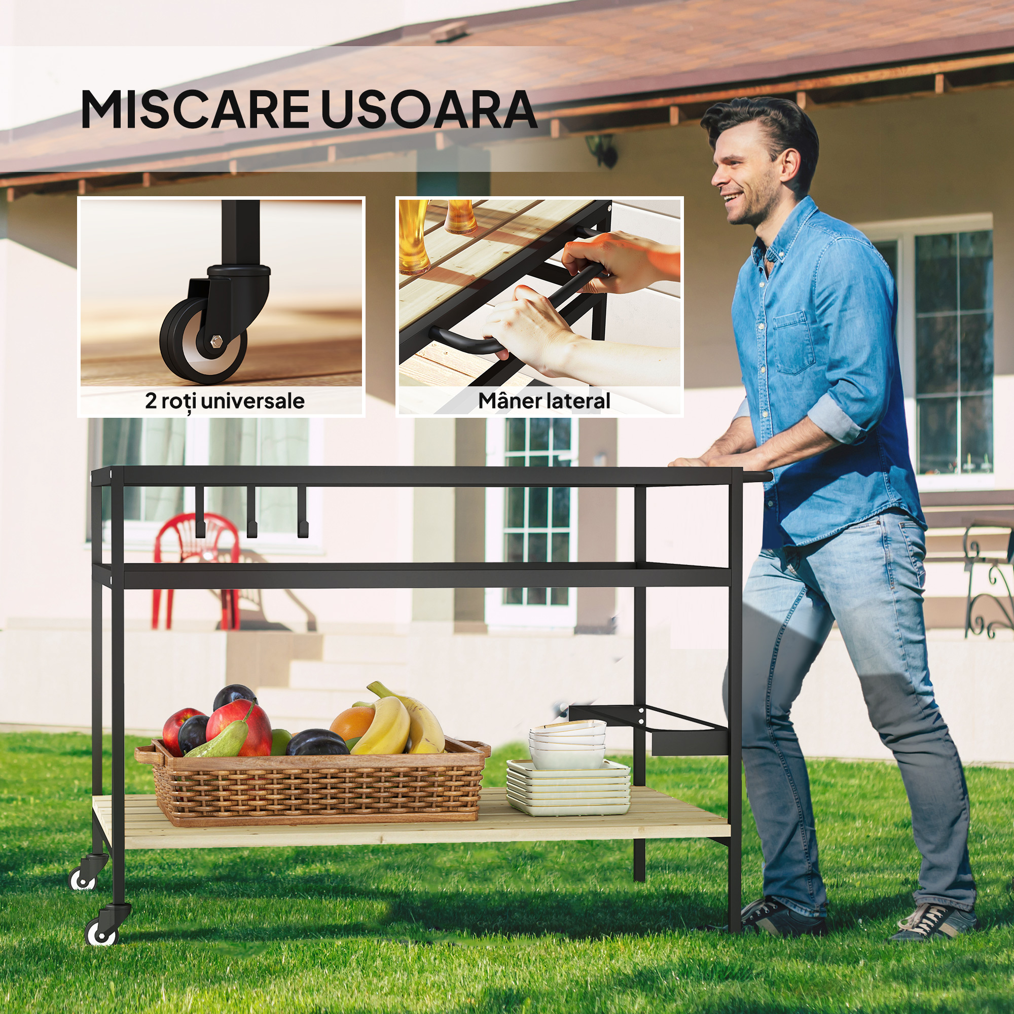  Carucior de Gradina pentru Servit, din Lemn cu sipci si Otel, Raft si Maner, 107x65x80 cm [4]