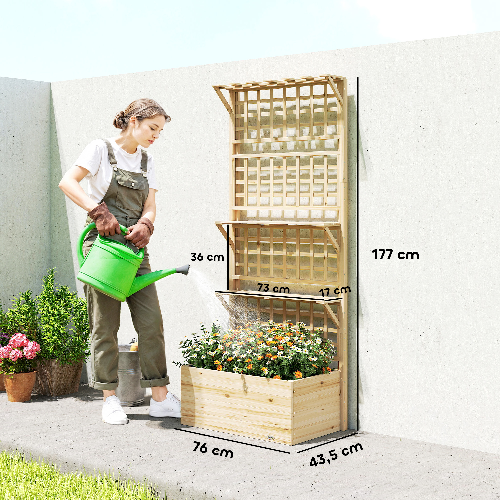 Outsunny Hochbeet mit Rankgitter & hngendem Dach, Holz Blumenkasten mit 2  Regalen Ablauflchern 76 x 43,5 x 177 cm | Aosom.de
