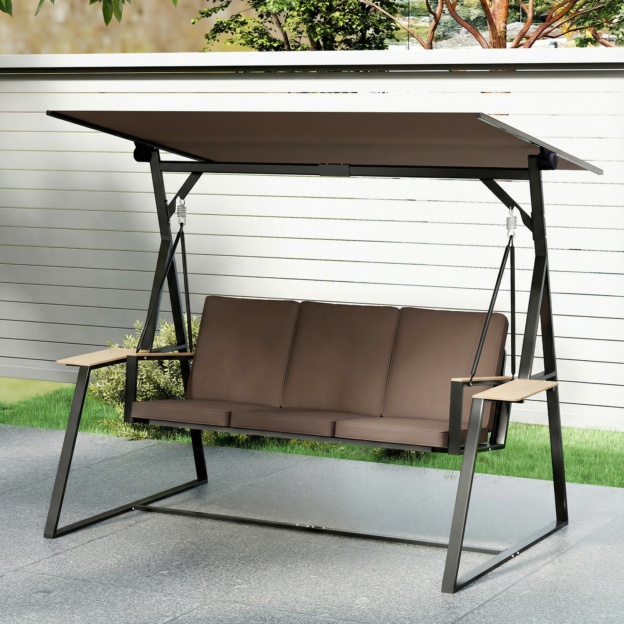  Leagan de gradina cu 3 locuri, cu copertina reglabila, cadru metalic, suporturi pentru pahare, perne moi, greutate suportata 360 kg, pentru terasa sau balcon, 222x131x175 cm, maro [8]