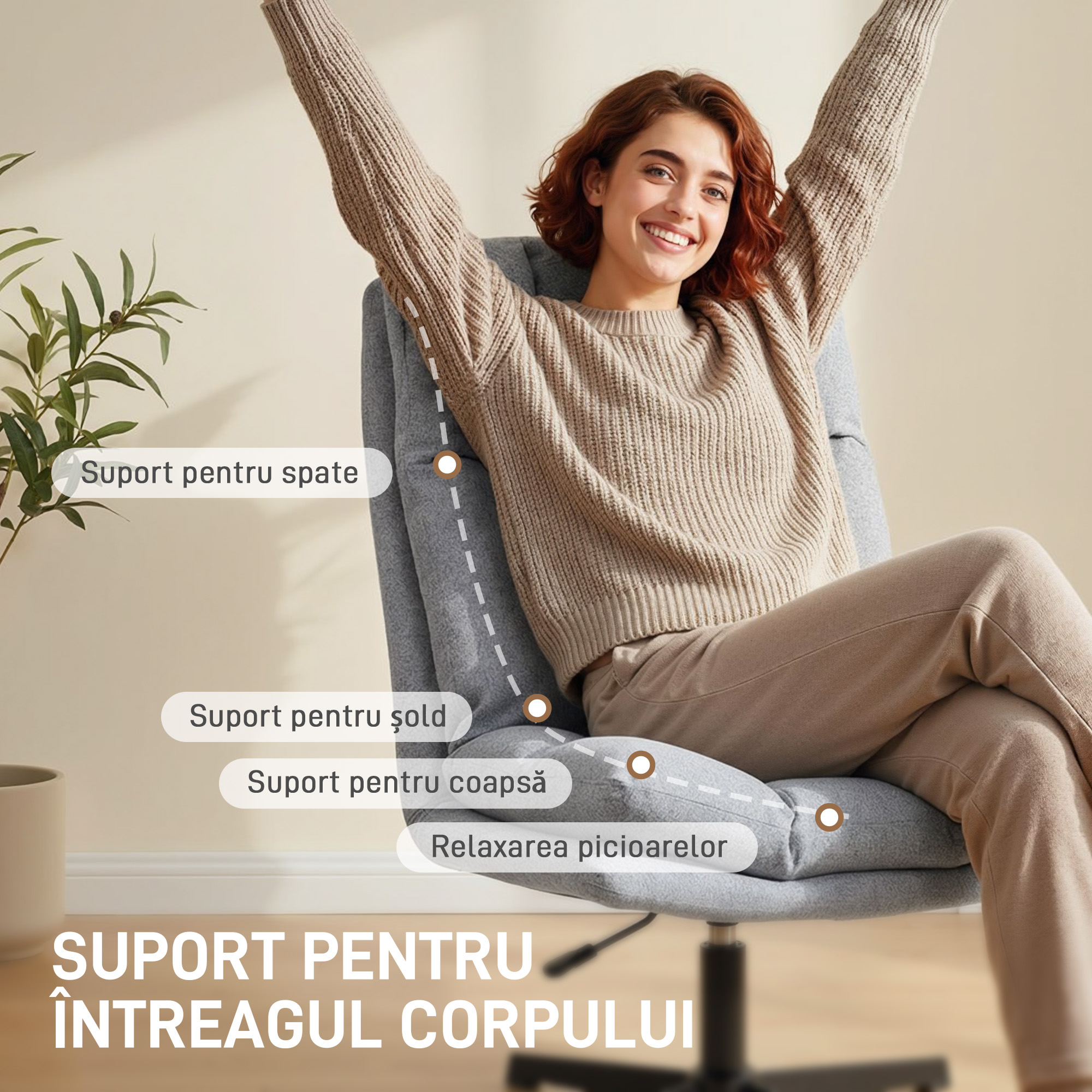  Fotoliu Rotativ de Living din Material Tip In, Fotoliu fara Brate cu sezut Spatios si Picioare din Metal, Gri Deschis [7]