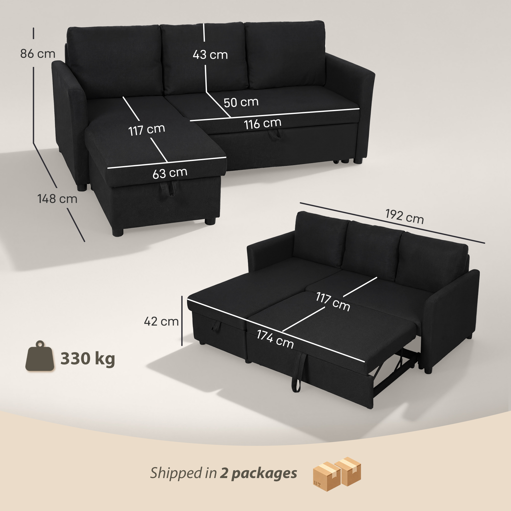  Canapea Extensibila cu 3 Locuri si sezlong Convertibil, Canapea de Colt cu Spatiu de Depozitare si 3 Perne Detasabile, Material Textil cu Efect de In, 192x148x86cm, Gri Antracit [2]