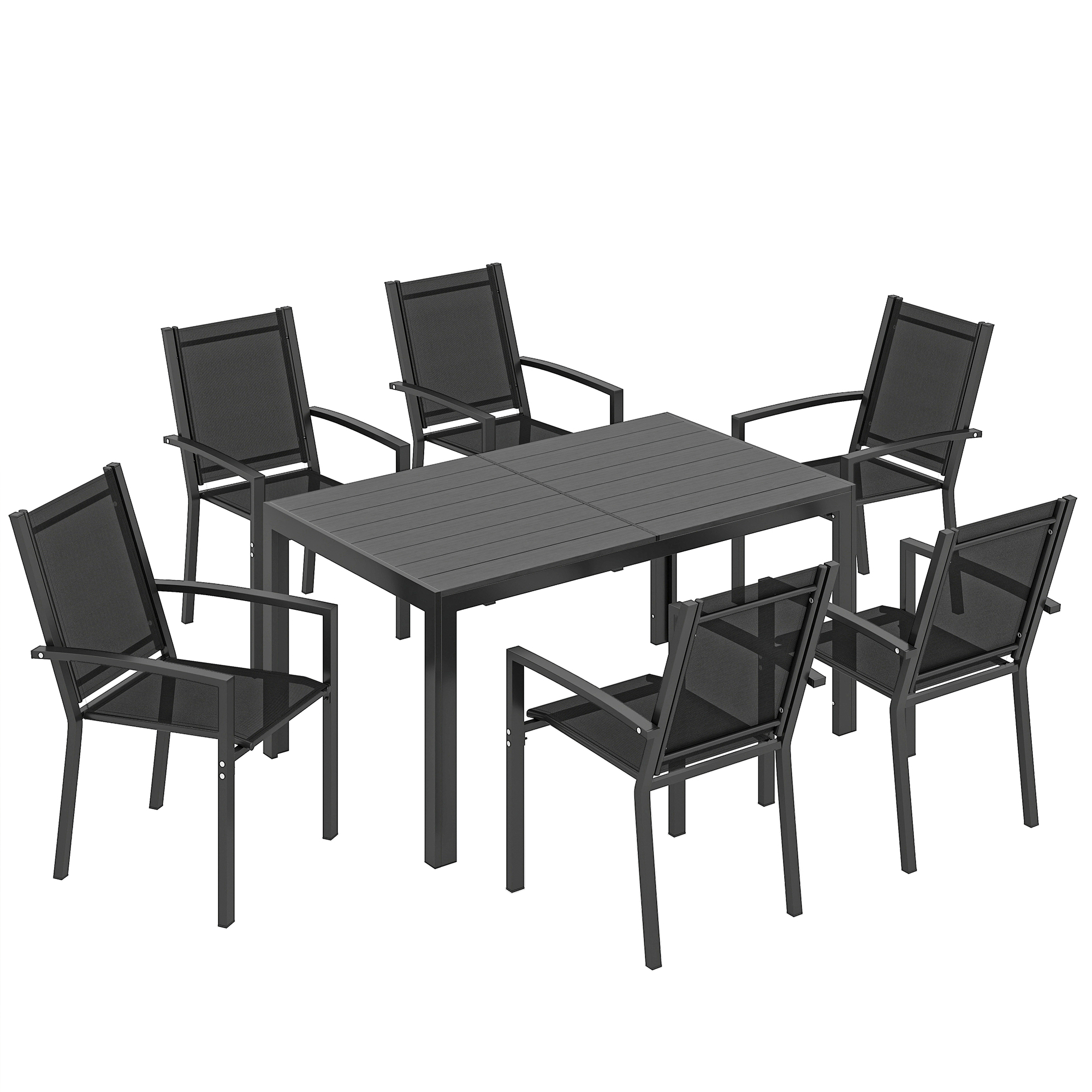 Outsunny 7-Piece Garden Dining Set, Weather-Resistant Outdoor Furniture with Plastic Wood-Top Table & Stackable Chairs, Black   Aosom UK