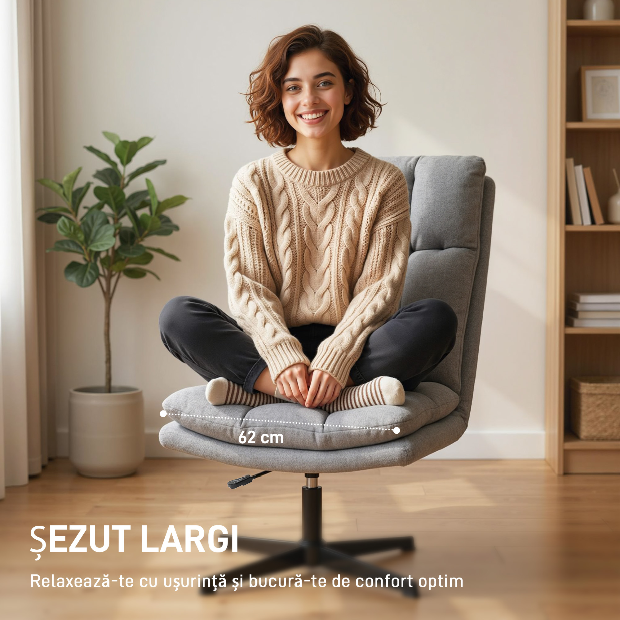  Fotoliu Rotativ de Living din Material Tip In, Fotoliu fara Brate cu sezut Spatios si Picioare din Metal, Gri Deschis [3]