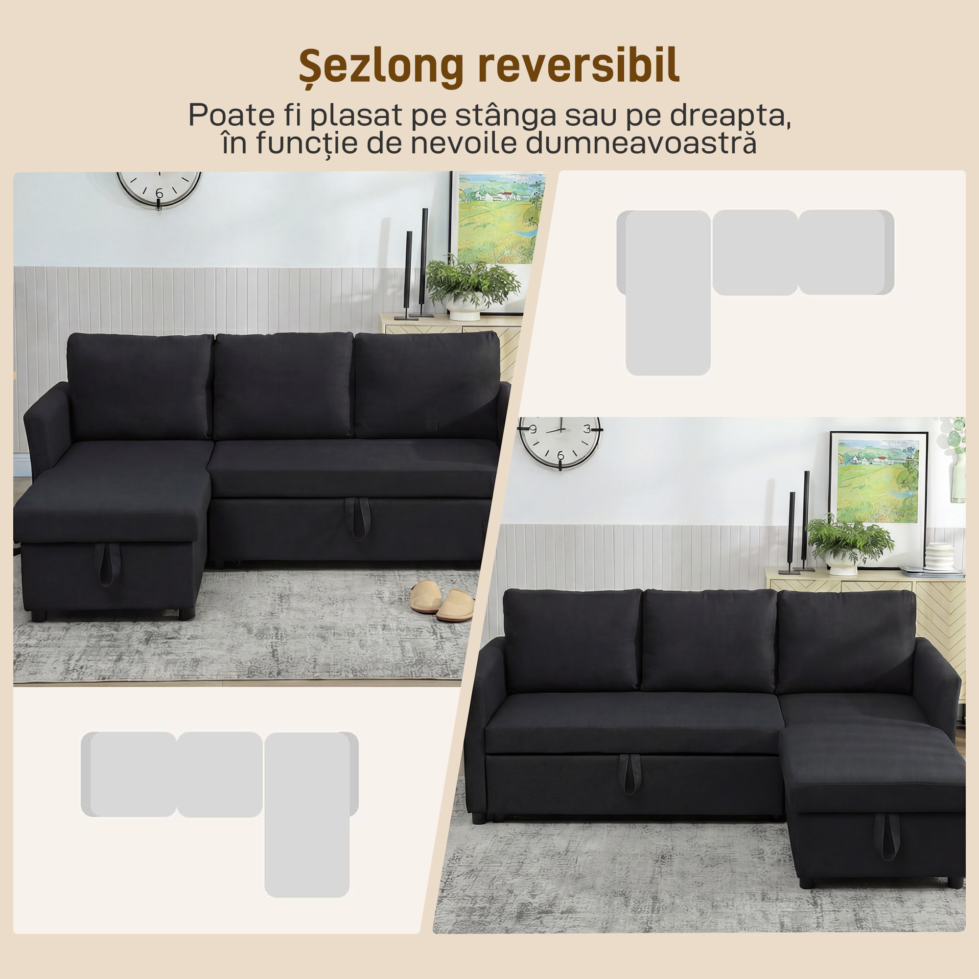  Canapea Extensibila cu 3 Locuri si sezlong Convertibil, Canapea de Colt cu Spatiu de Depozitare si 3 Perne Detasabile, Material Textil cu Efect de In, 192x148x86cm, Gri Antracit [4]