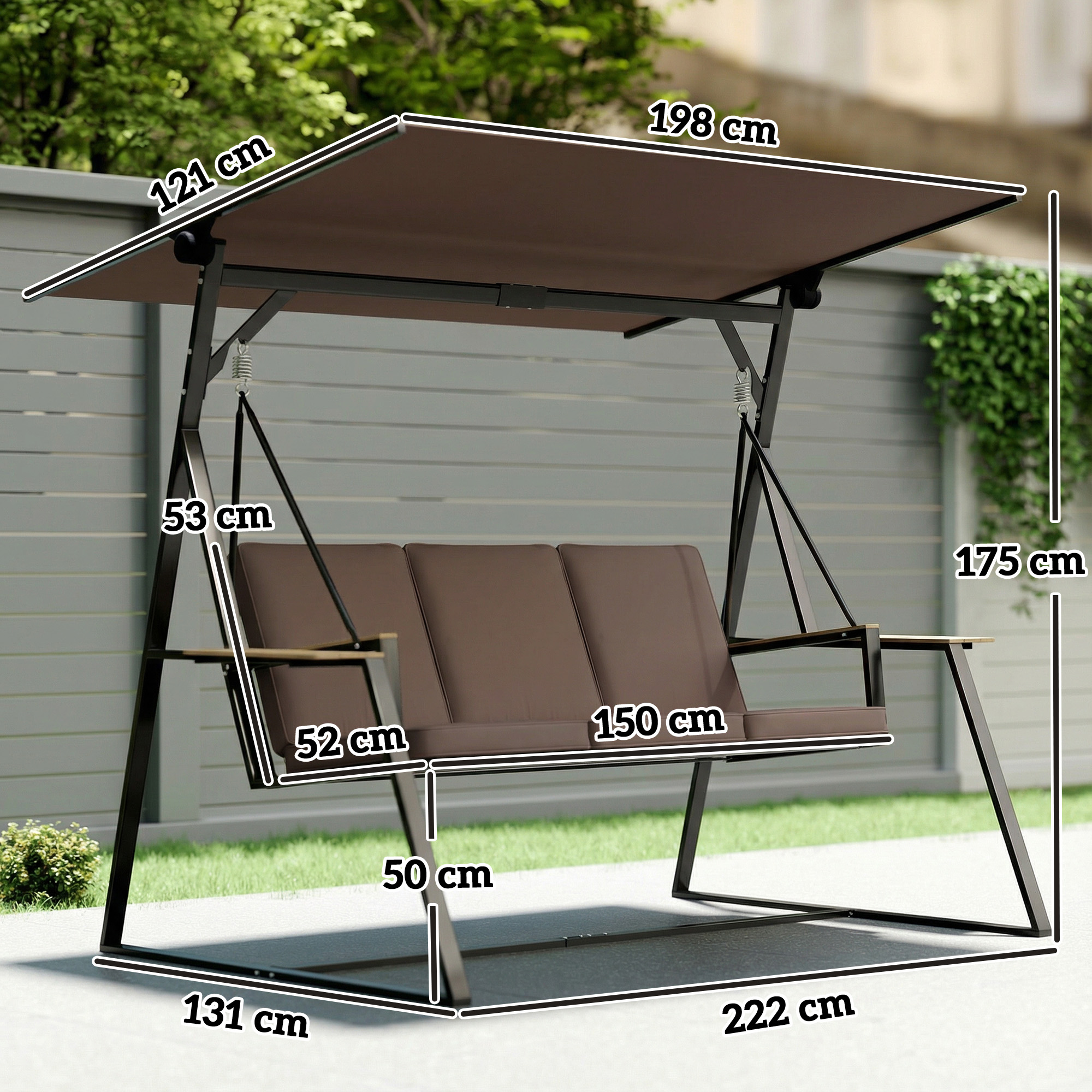  Leagan de gradina cu 3 locuri, cu copertina reglabila, cadru metalic, suporturi pentru pahare, perne moi, greutate suportata 360 kg, pentru terasa sau balcon, 222x131x175 cm, maro [2]