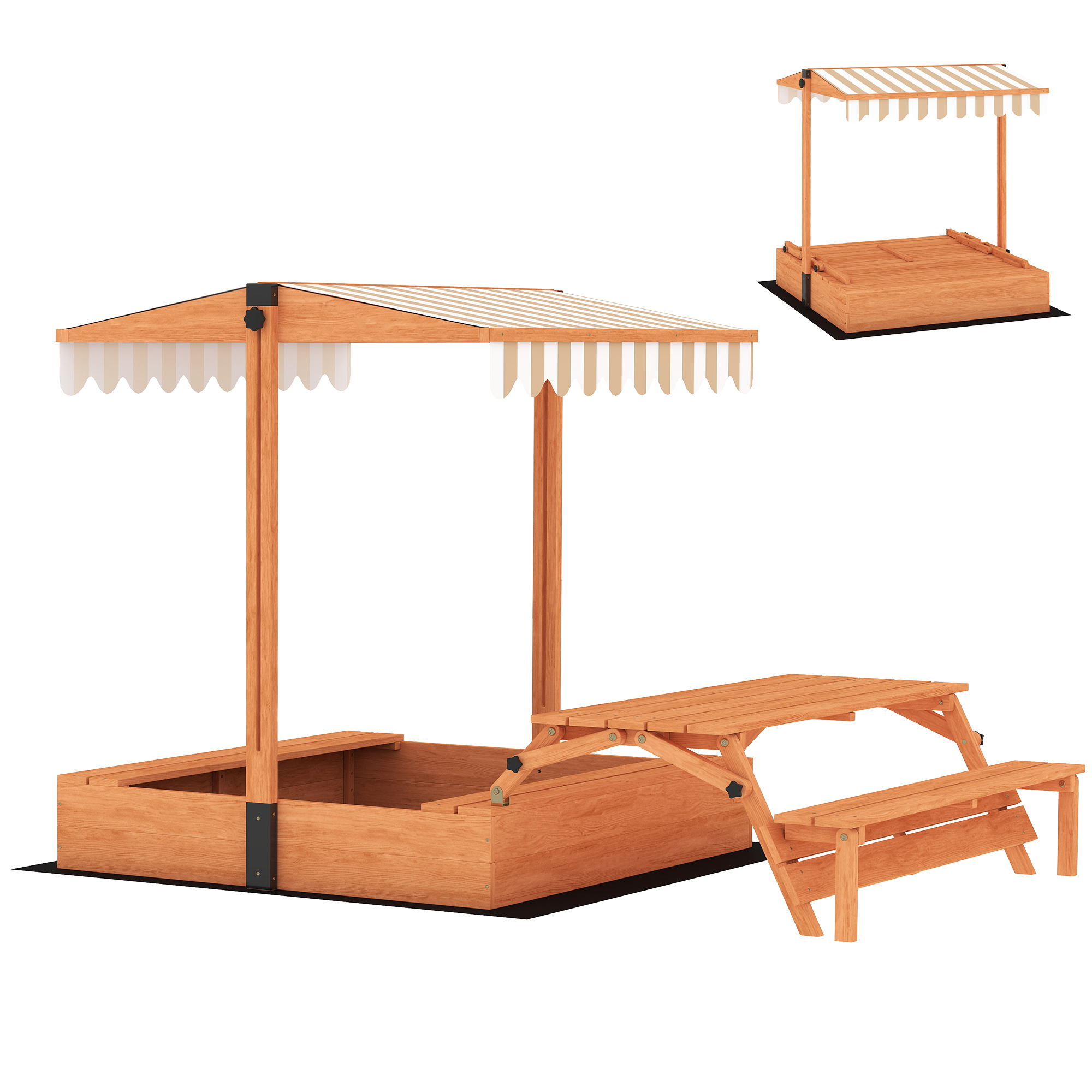 AIYAPLAY Kids Sand Pit with Lid, Wooden Sandpit with Canopy, Foldable Picnic Table, Bench Seats, Bottom Liner for Patio Garden