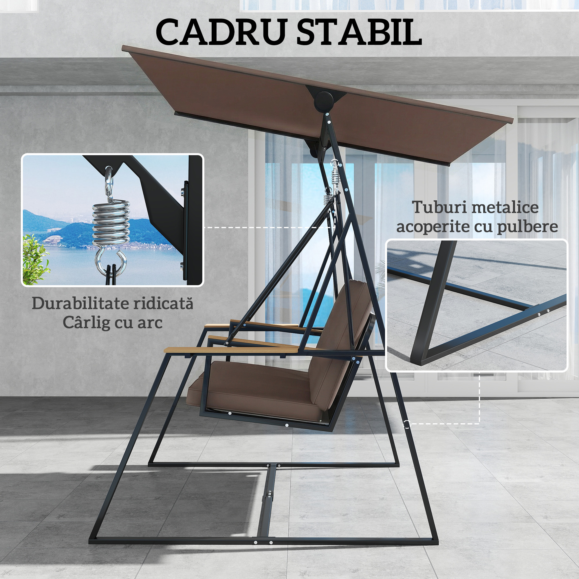  Leagan de gradina cu 3 locuri, cu copertina reglabila, cadru metalic, suporturi pentru pahare, perne moi, greutate suportata 360 kg, pentru terasa sau balcon, 222x131x175 cm, maro [4]