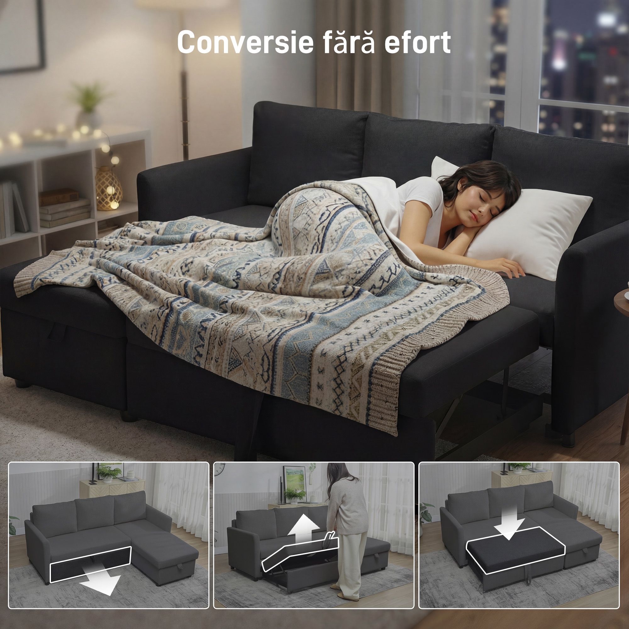  Canapea Extensibila cu 3 Locuri si sezlong Convertibil, Canapea de Colt cu Spatiu de Depozitare si 3 Perne Detasabile, Material Textil cu Efect de In, 192x148x86cm, Gri Antracit [3]