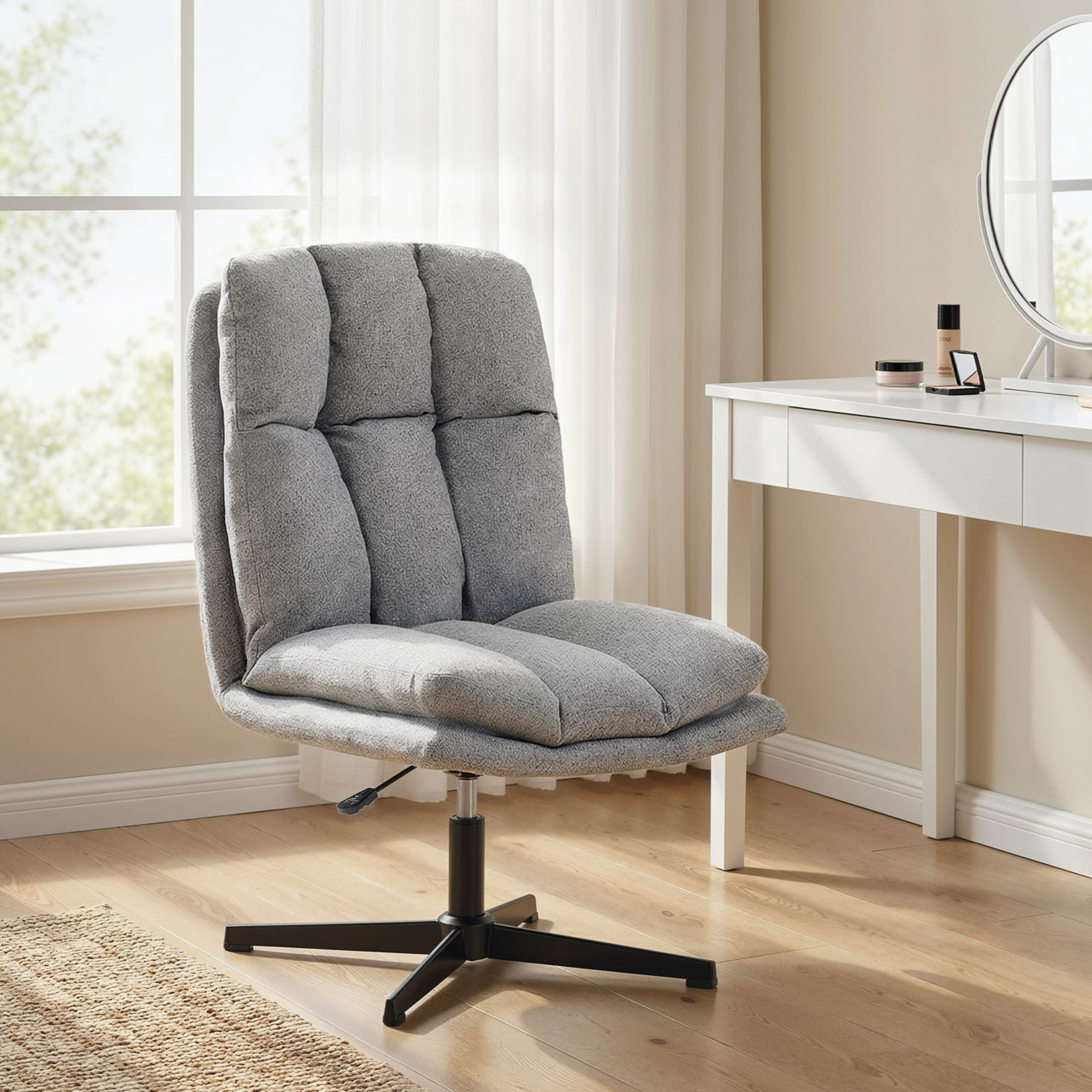  Fotoliu Rotativ de Living din Material Tip In, Fotoliu fara Brate cu sezut Spatios si Picioare din Metal, Gri Deschis [8]