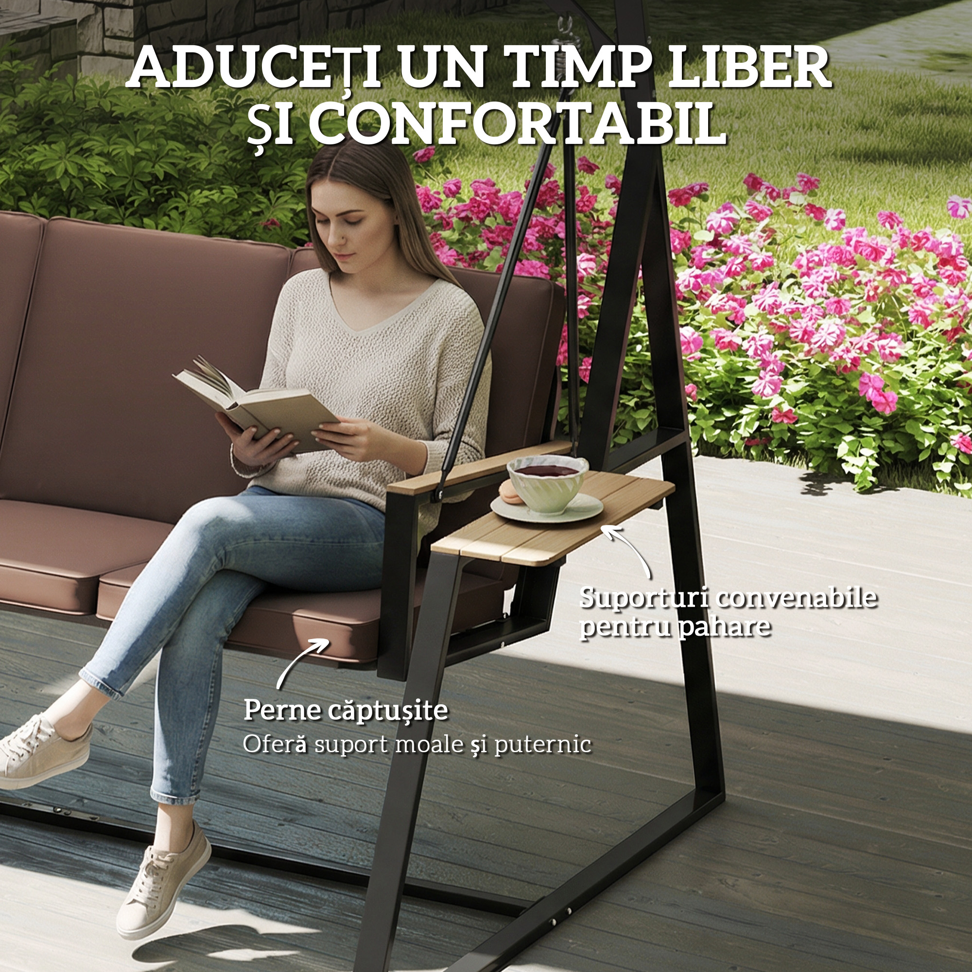  Leagan de gradina cu 3 locuri, cu copertina reglabila, cadru metalic, suporturi pentru pahare, perne moi, greutate suportata 360 kg, pentru terasa sau balcon, 222x131x175 cm, maro [6]