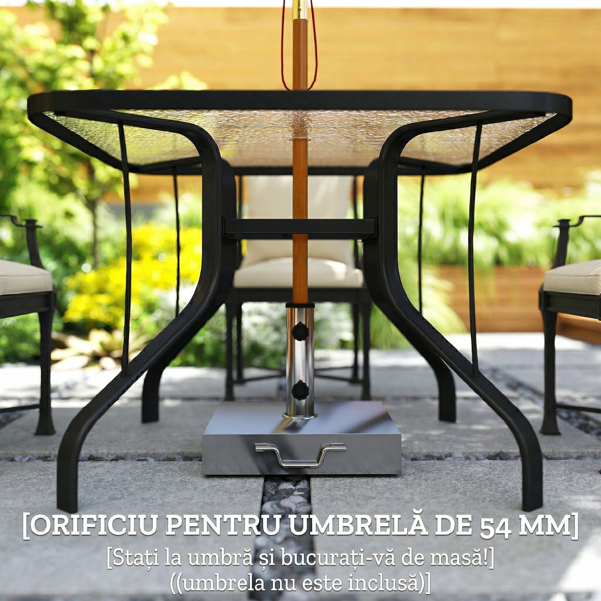  Masa de gradina patrata pentru 4 persoane cu blat din sticla si orificiu pentru umbrela Ø54 mm, negru [4]