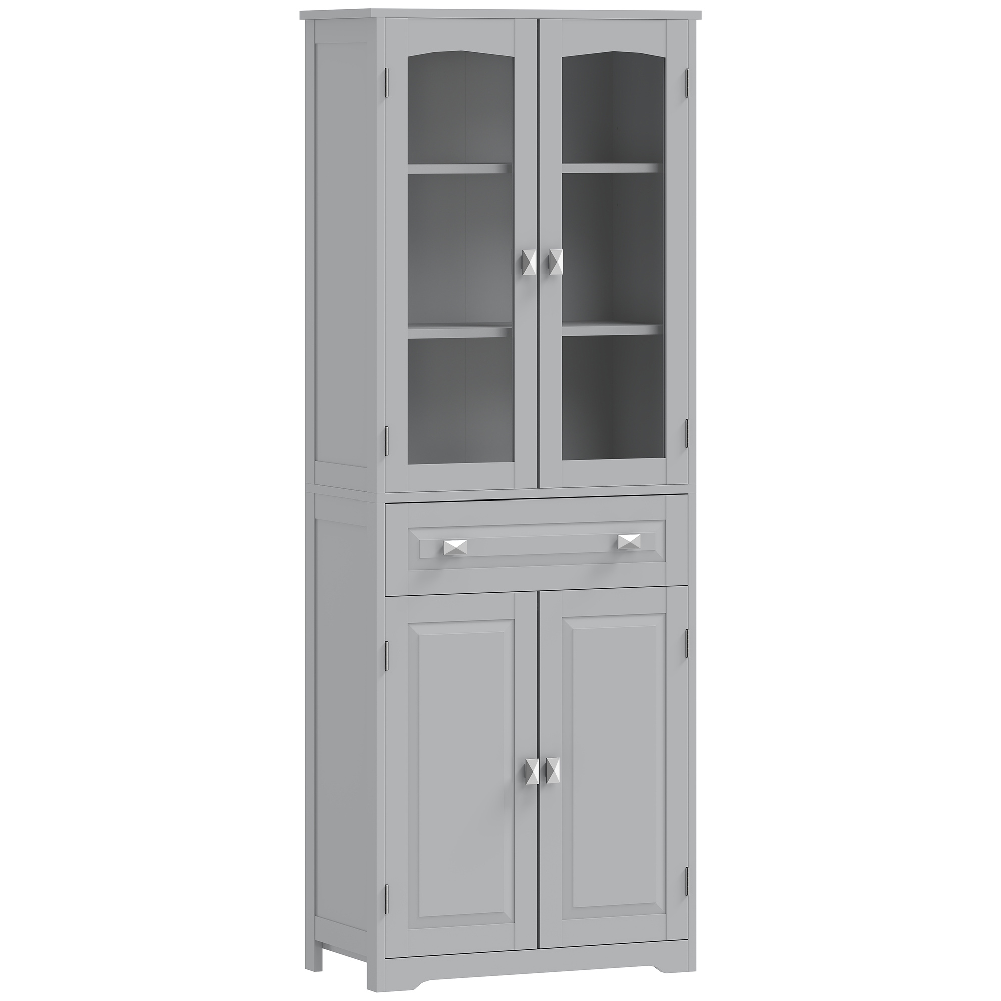 HOMCOM Freestanding Kitchen Cupboard, Storage Cabinet with 2 Adjustable Shelves, Drawer and Glass Door for Living Room, Grey