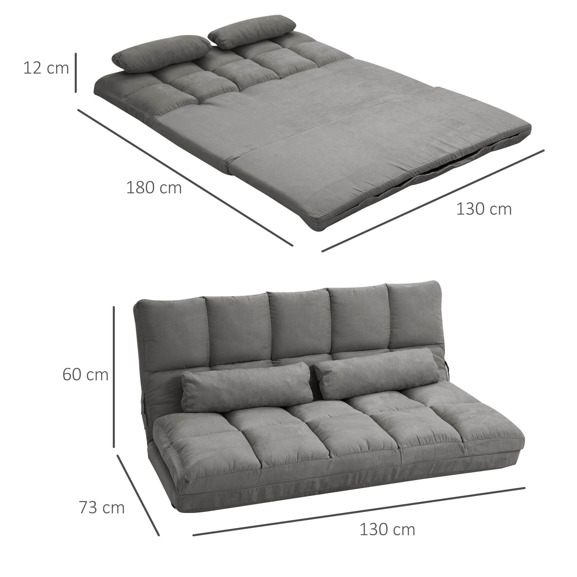 , Divan de Podea 2 in 1, cu Spatar Reglabil in 7 Niveluri si Perne, 130x73x60 cm, Gri Carbone [2]