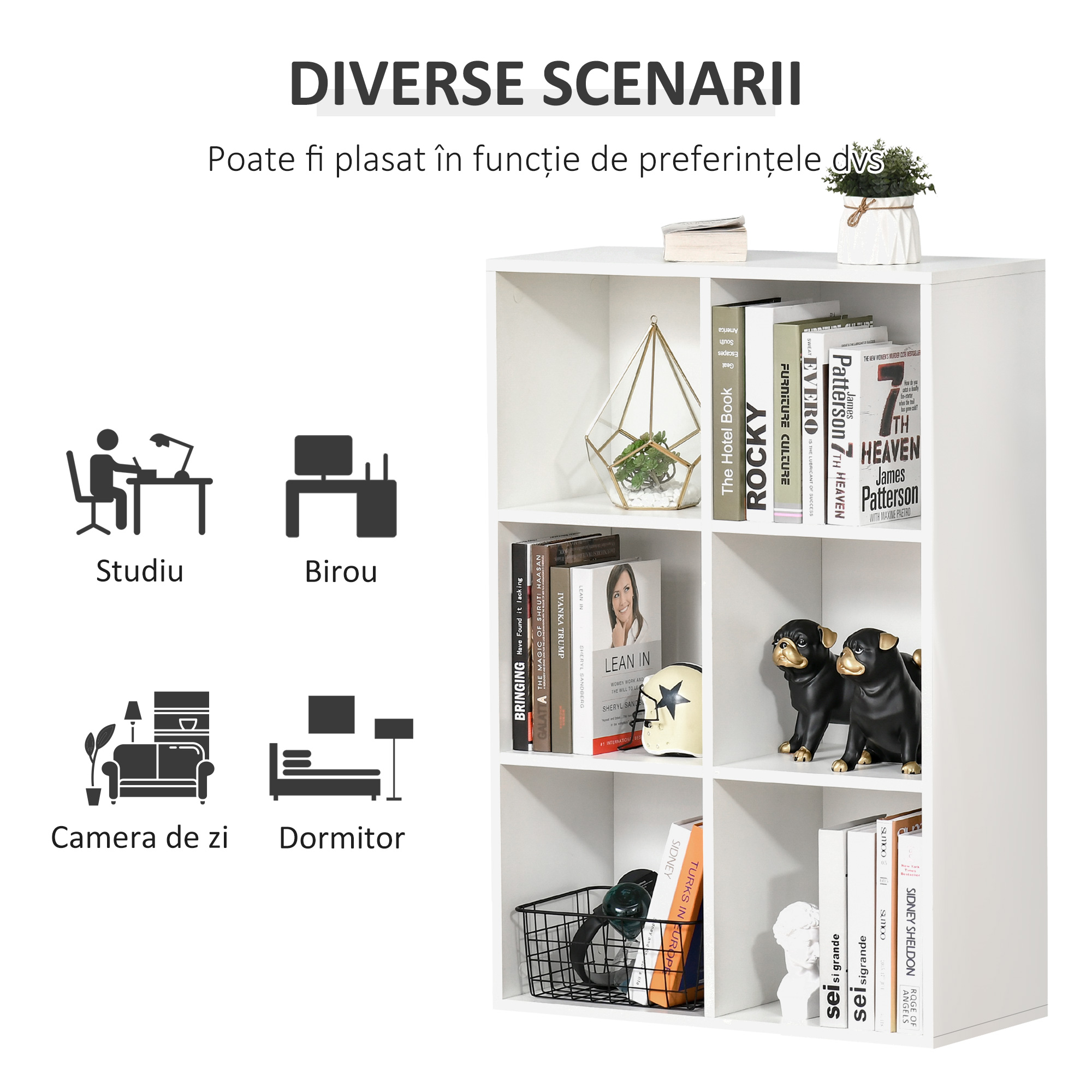  Biblioteca Moderna cu 6 Cuburi in Lemn, 65.5x30x97.5 cm, Alb [5]