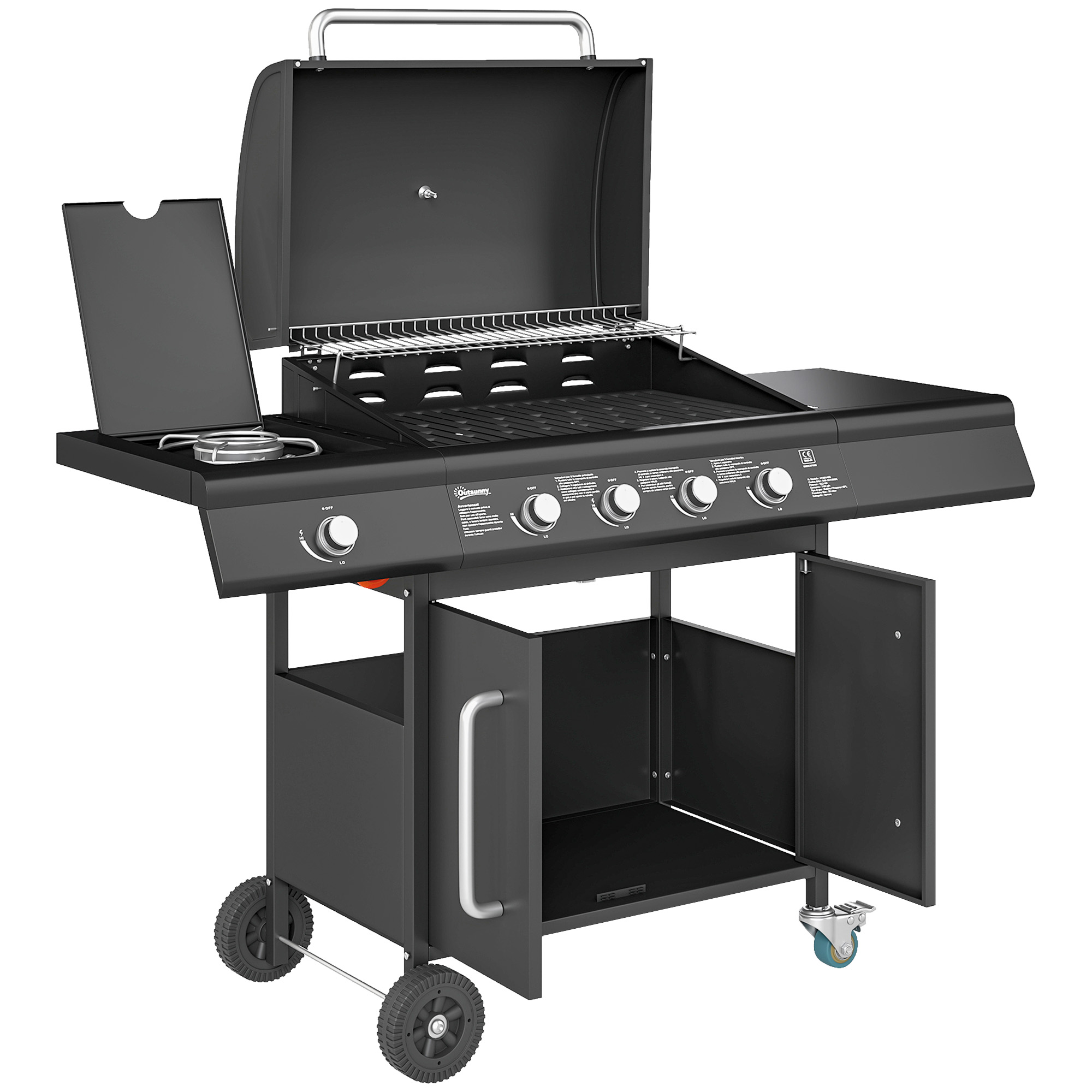 Outsunny Grill Gazowy 15,2 KW na Wózku z 5 Palnikami Nierdzewnymi Boczny Palnik 129,5 x 56 x 110 cm Czarny