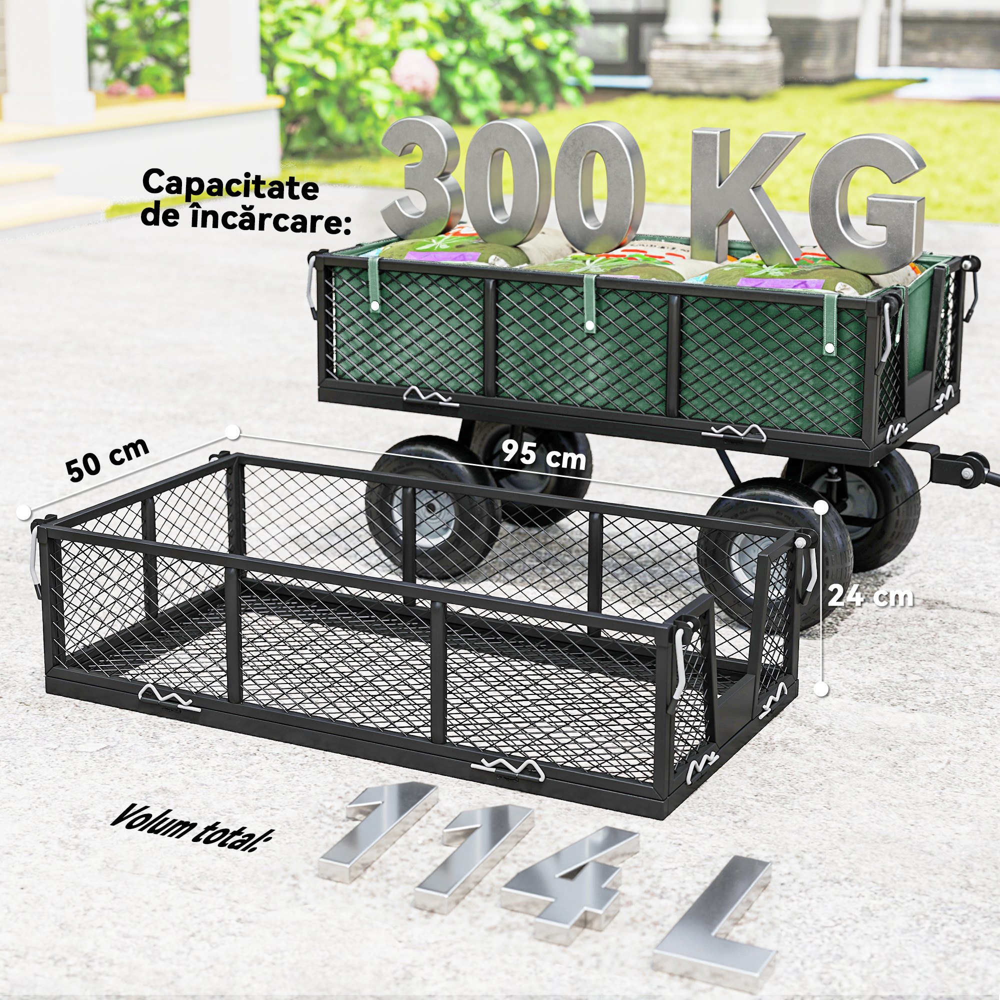  Carucior de Gradina de 114L cu Pereti Laterali Detasabili si Maner Rotativ, 105x51x54 cm, Negru [6]