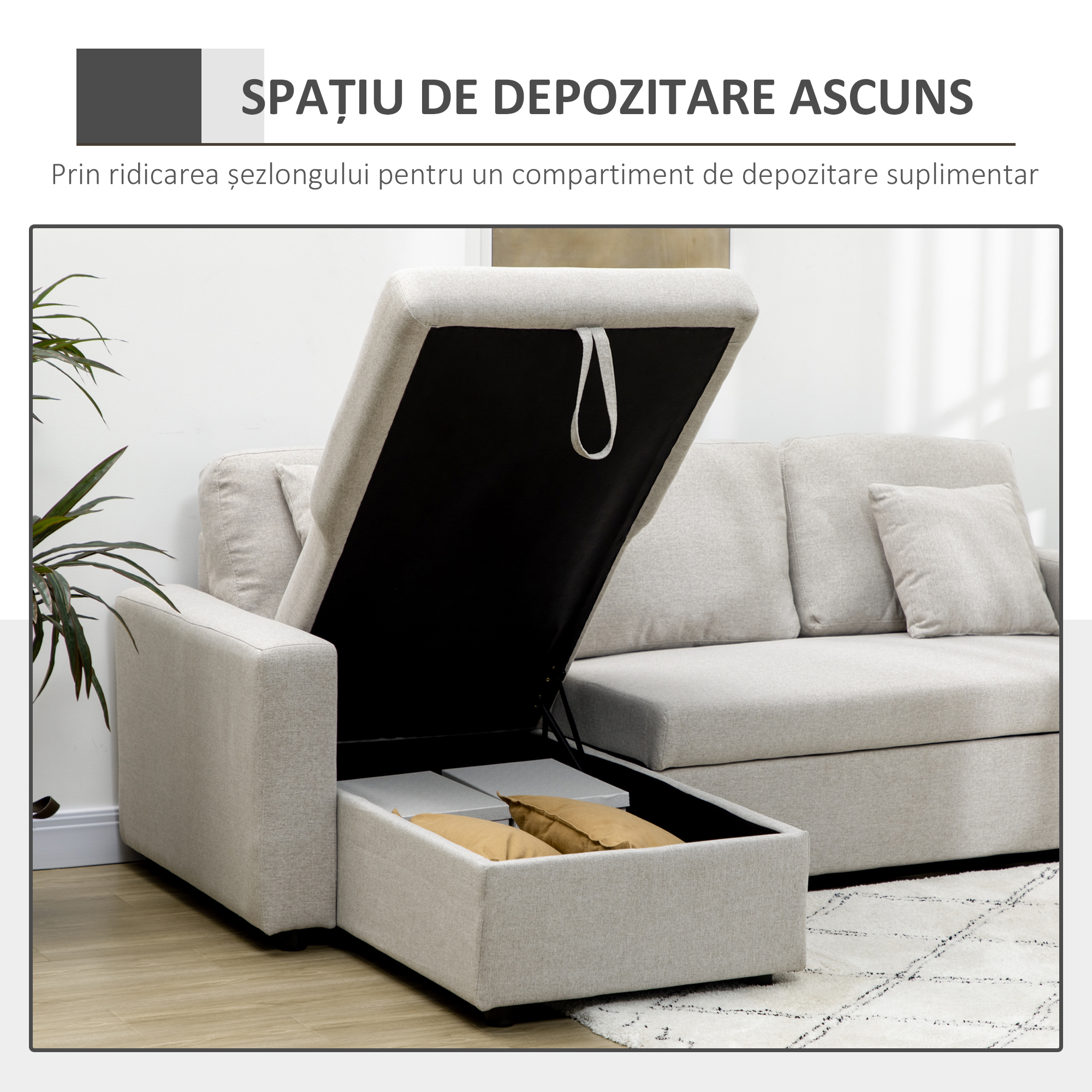  Canapea Extensibila de Colt in Forma de L, 2 Locuri cu sezlong Convertibil in Pat pentru o Persoana, Canapea cu Spatiu de Depozitare si 2 Perne, Crem [6]