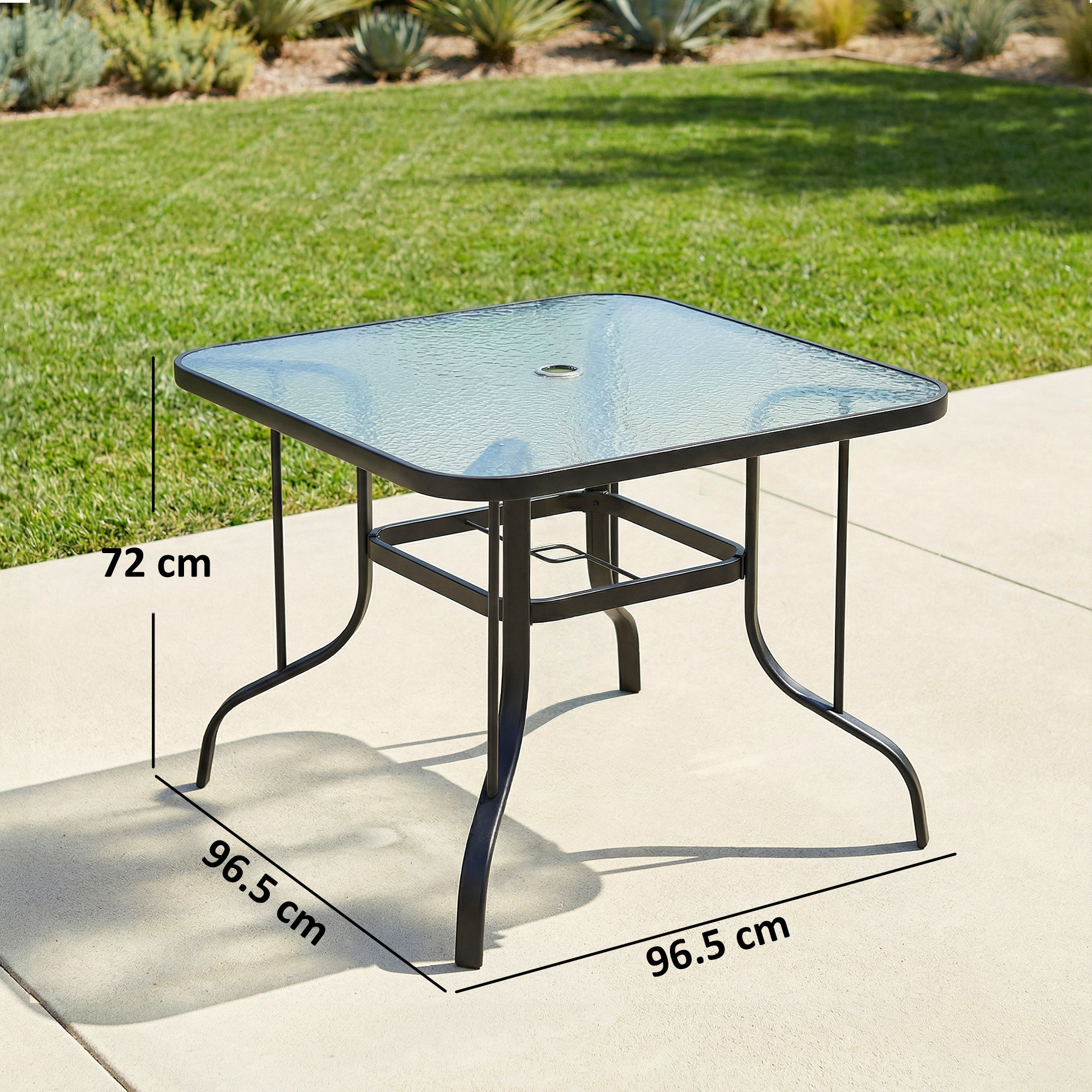  Masa de gradina patrata pentru 4 persoane cu blat din sticla si orificiu pentru umbrela Ø54 mm, negru [2]