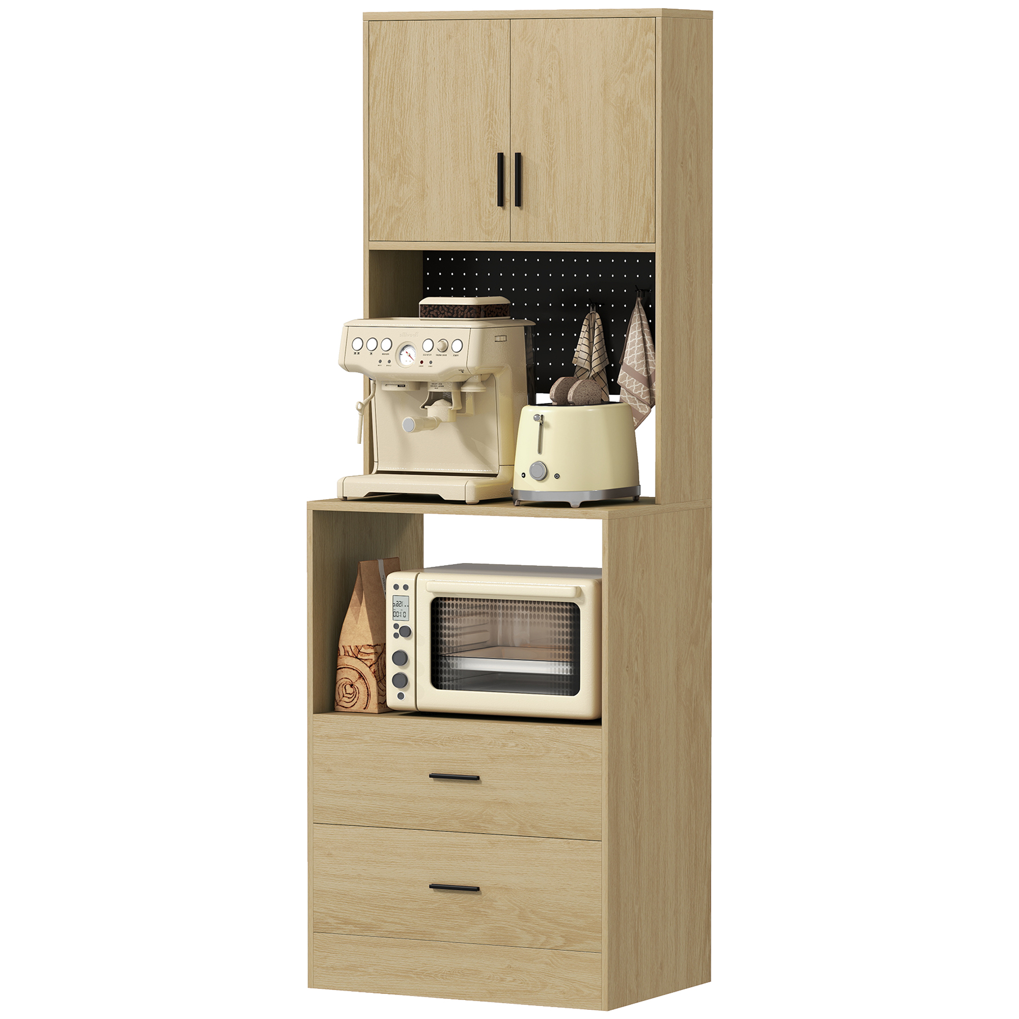 HOMCOM Meuble micro-ondes, buffet, 2 tiroirs, 2 portes, plan de travail, étagère réglable, panneau perforé, 4 crochets, naturel