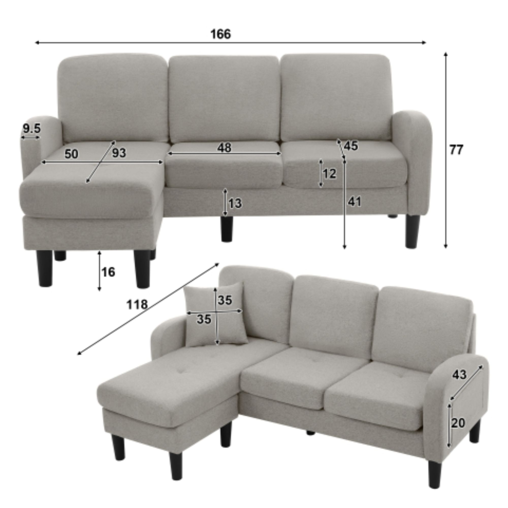 Divano Angolare L Con Chaise Longue 166x118x77cm – Modulare, Rivestimento In Lino, Ideale Per Piccoli Spazi