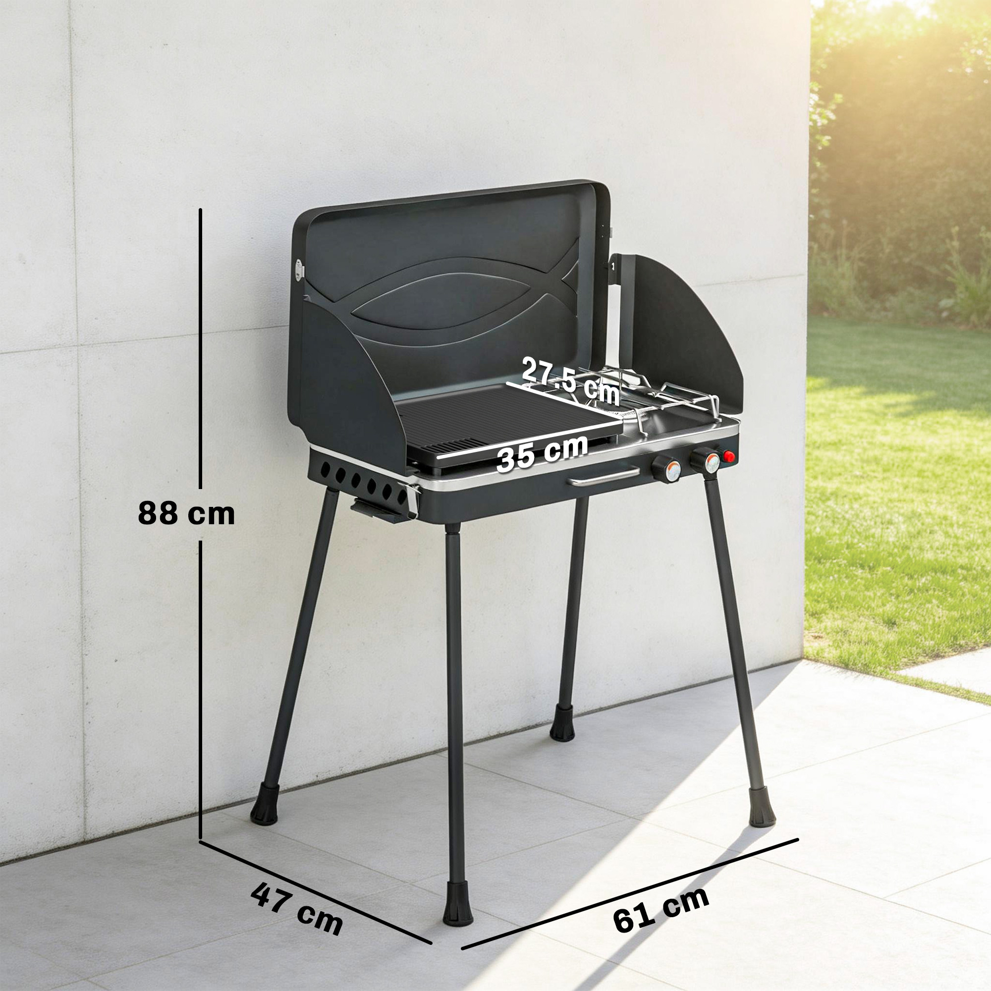  2-in-1 Portabil Gratar pe Gaz Propan, Grill si Aragaz, 7 kW, Negru [2]