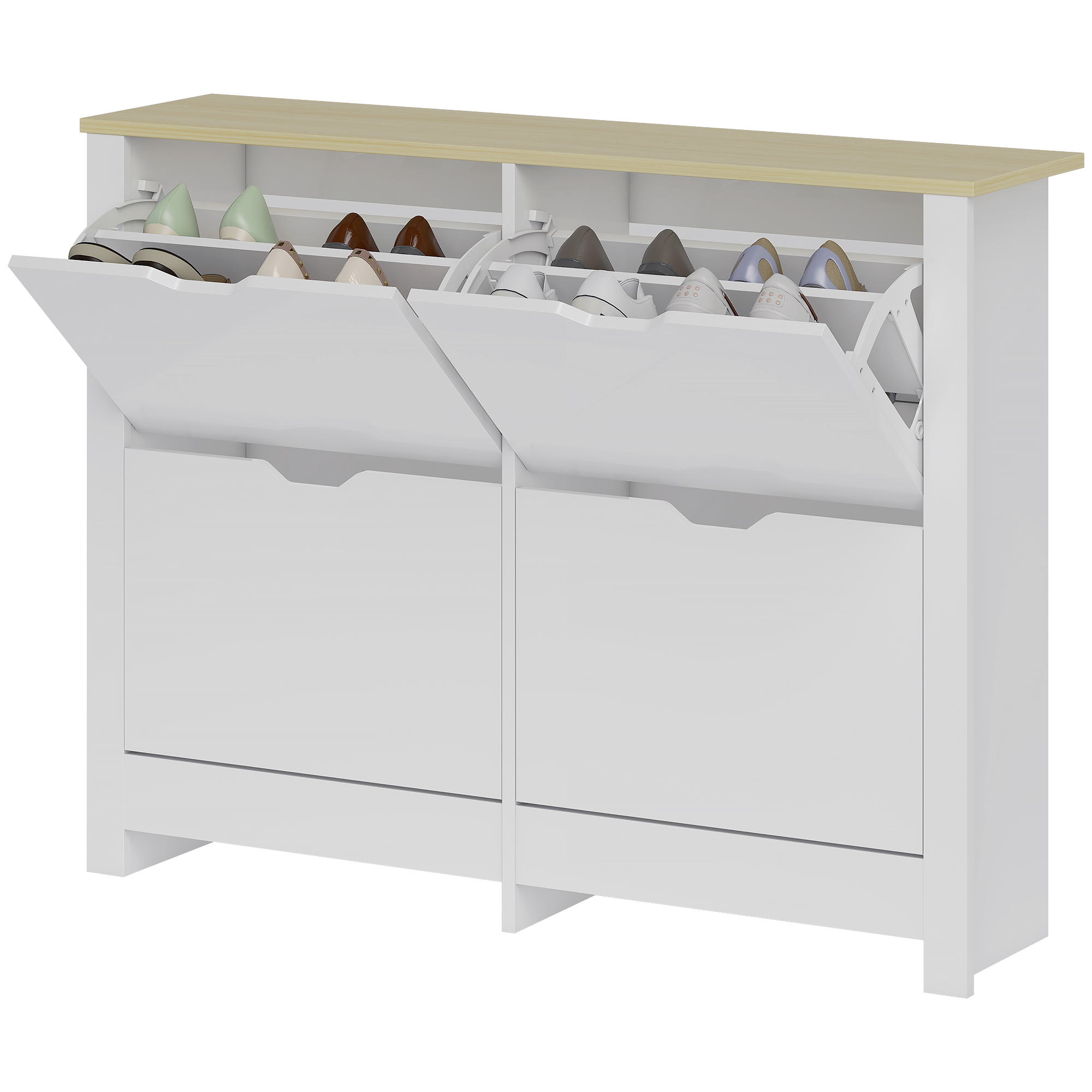 HOMCOM Meuble à chaussures étroit à 4 compartiments rabattables pour 8-16 paires, 105 x 26 x 80 cm, Blanc+Bois naturel
