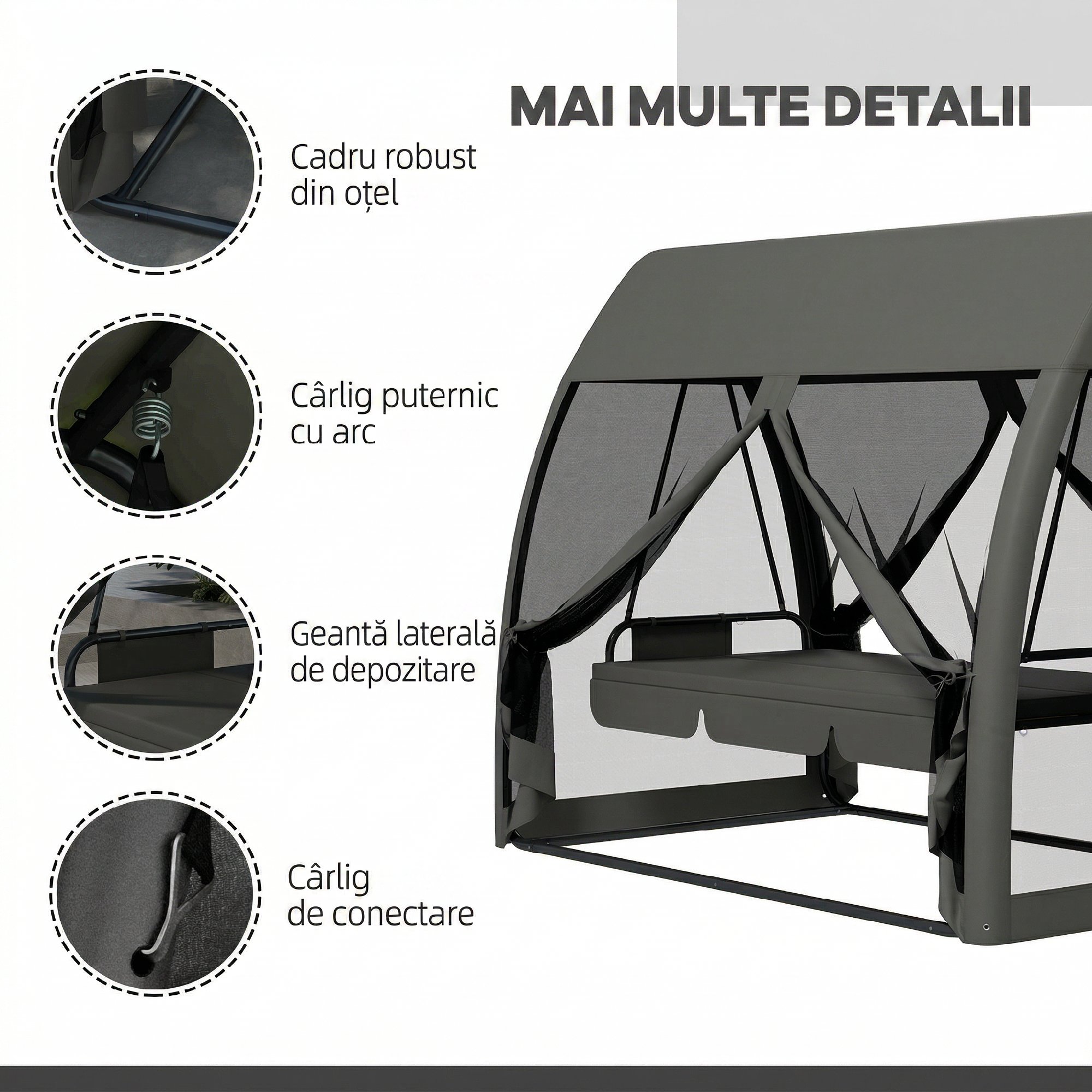 Leagan de Gradina 2 in 1, Convertibil in Pat, cu Perne si Plasa de tantari, 240x140x197 cm, Gri [6]
