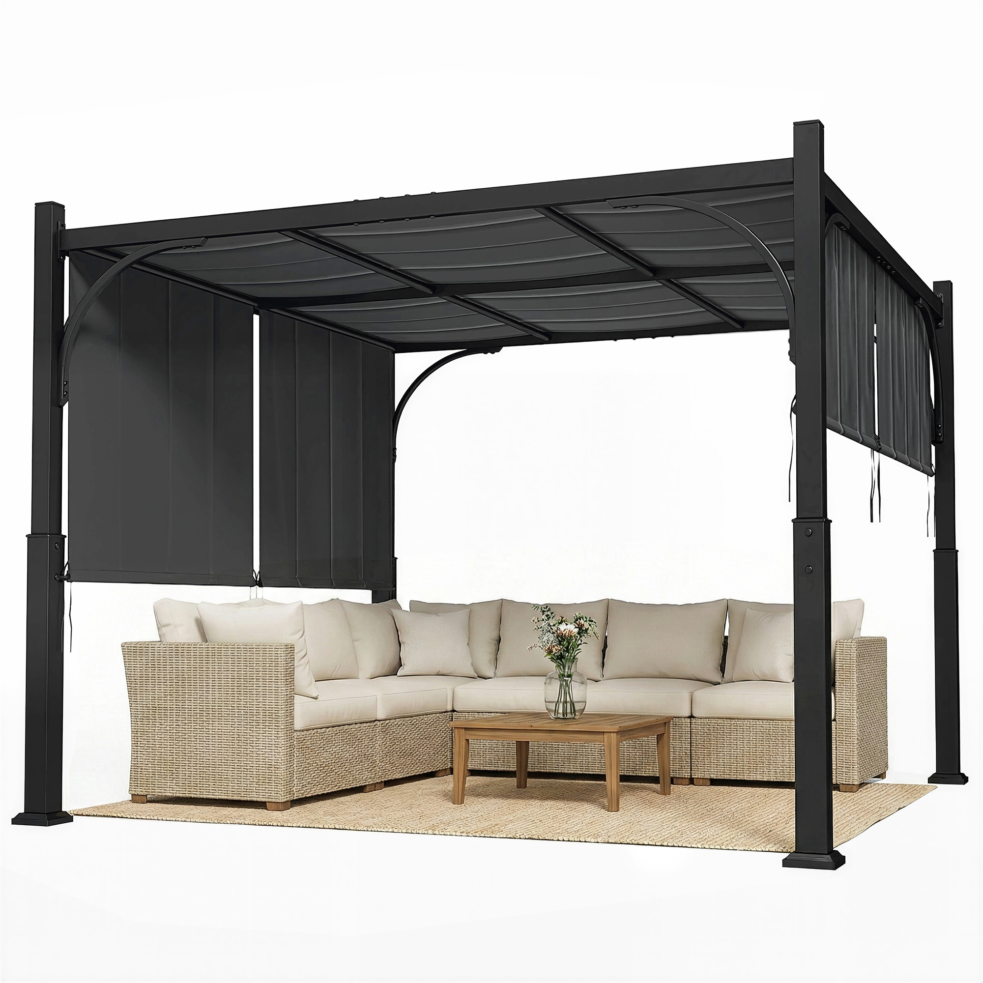 Outsunny Pergola de jardin 3 x 3 m tonnelle de jardin avec Auvent coulissant, structure métallique, pour extérieur, Gris Foncé