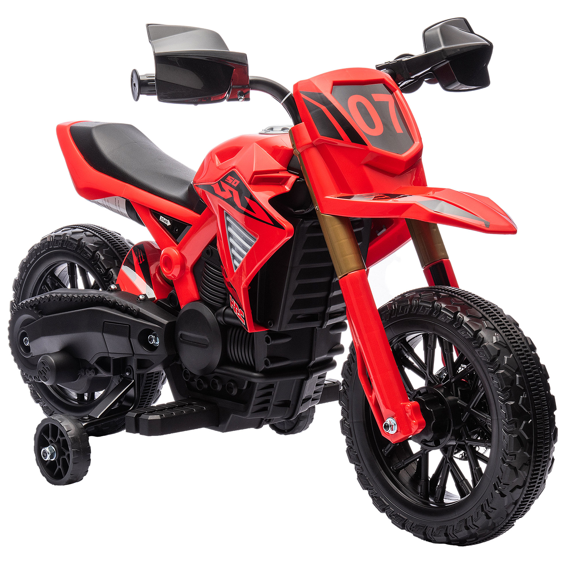 AIYAPLAY Motocykl Elektryczny dla Dzieci, Napęd 6V, Kółka Boczne, Klakson, Dźwięk Startu, 3-8 Lat, Czerwony