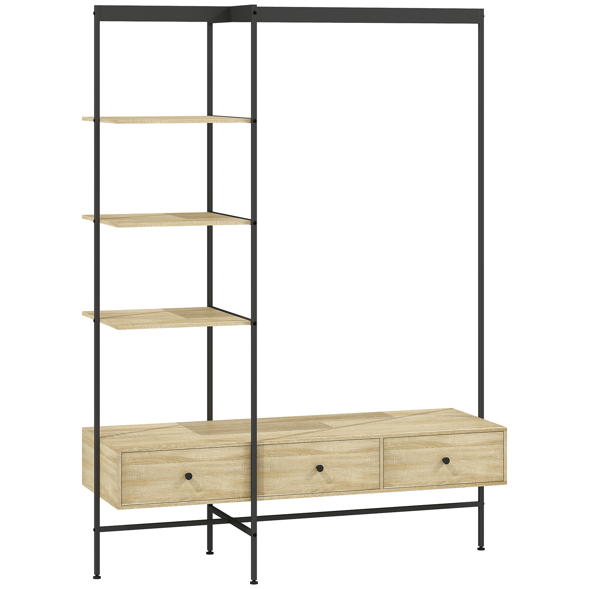 HOMCOM Kapstok met Planken, Lades en Kledingstang, 180 cm Vrijstaande Garderobe in Moderne Stijl, Metalen Frame, Eiken