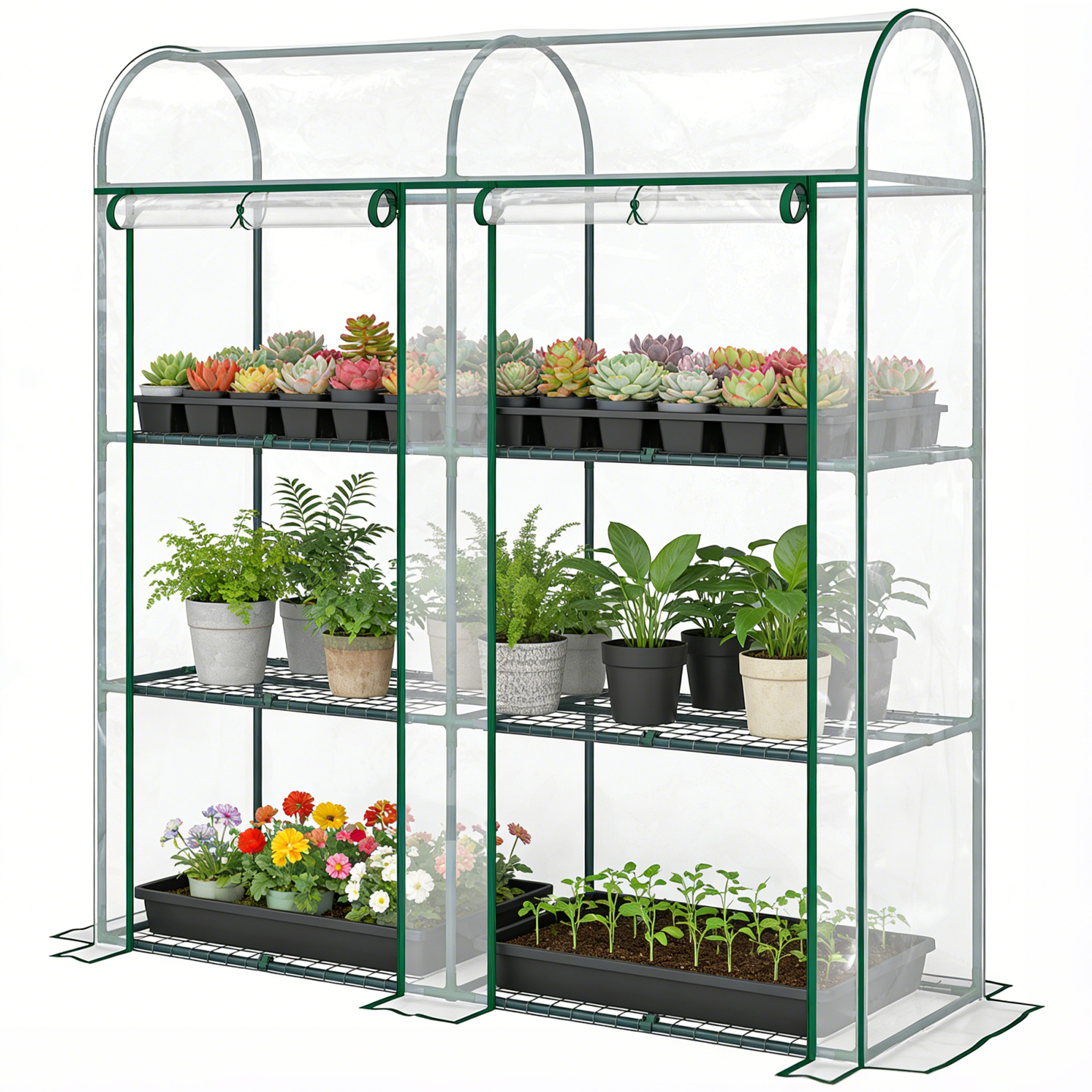 Outsunny Serre de Jardin avec étagères 3 niveaux, Petite Serre en Bâche PVC et Châssis Acier, 2 Portes Roulantes, Transparent