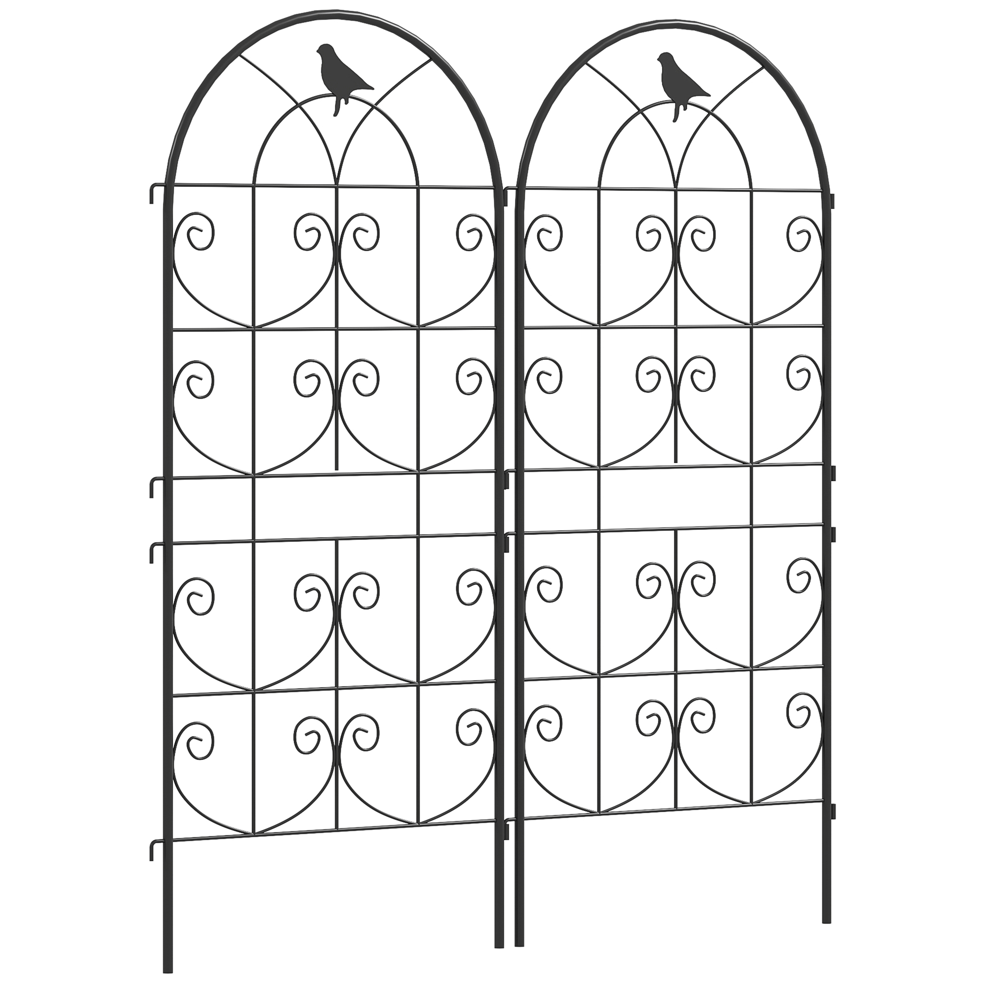 Metalowa Pergola Outsunny, Zestaw 2szt. do Wbijania, Odporna na Rdzę, z Motywem Ptaków na Rośliny Pnące 50x120 cm, Czarna