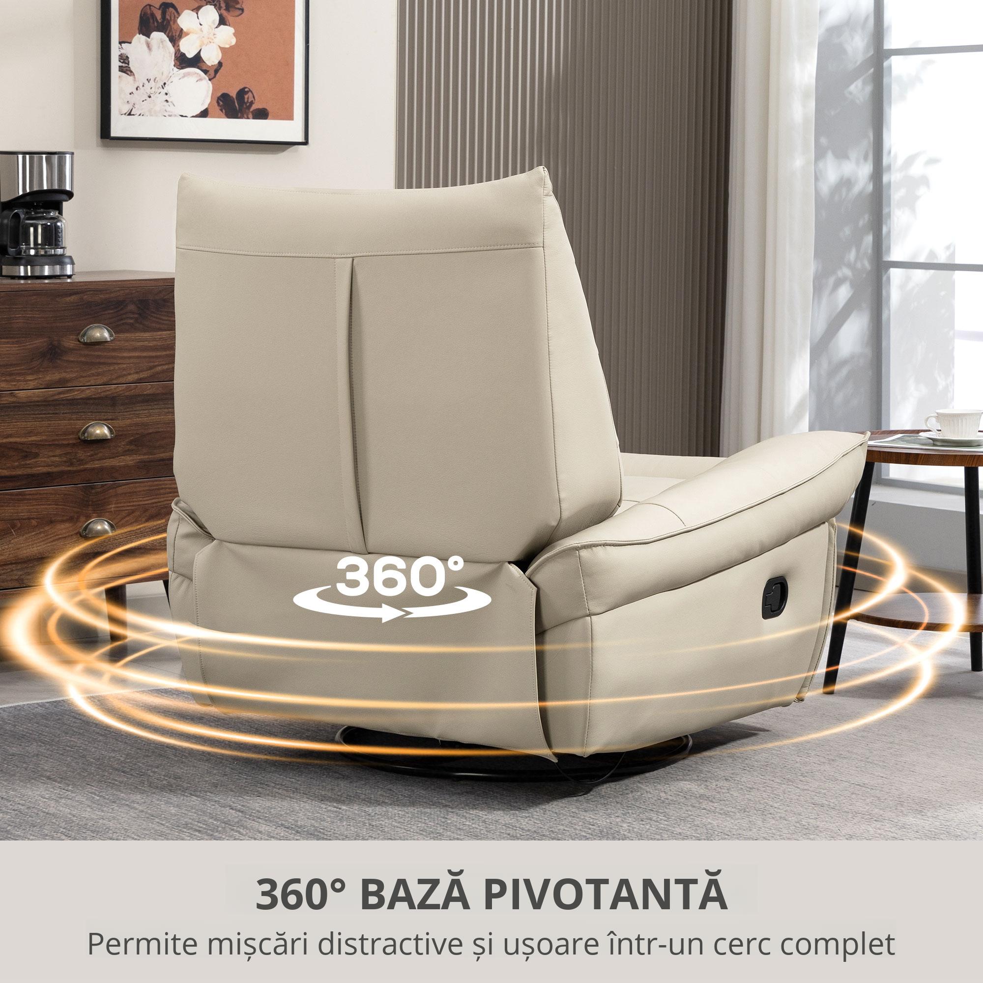  Fotoliu Relax Reclinabil Manual cu Suport pentru Picioare si Baza Rotativa Fara Brate, Crem [7]