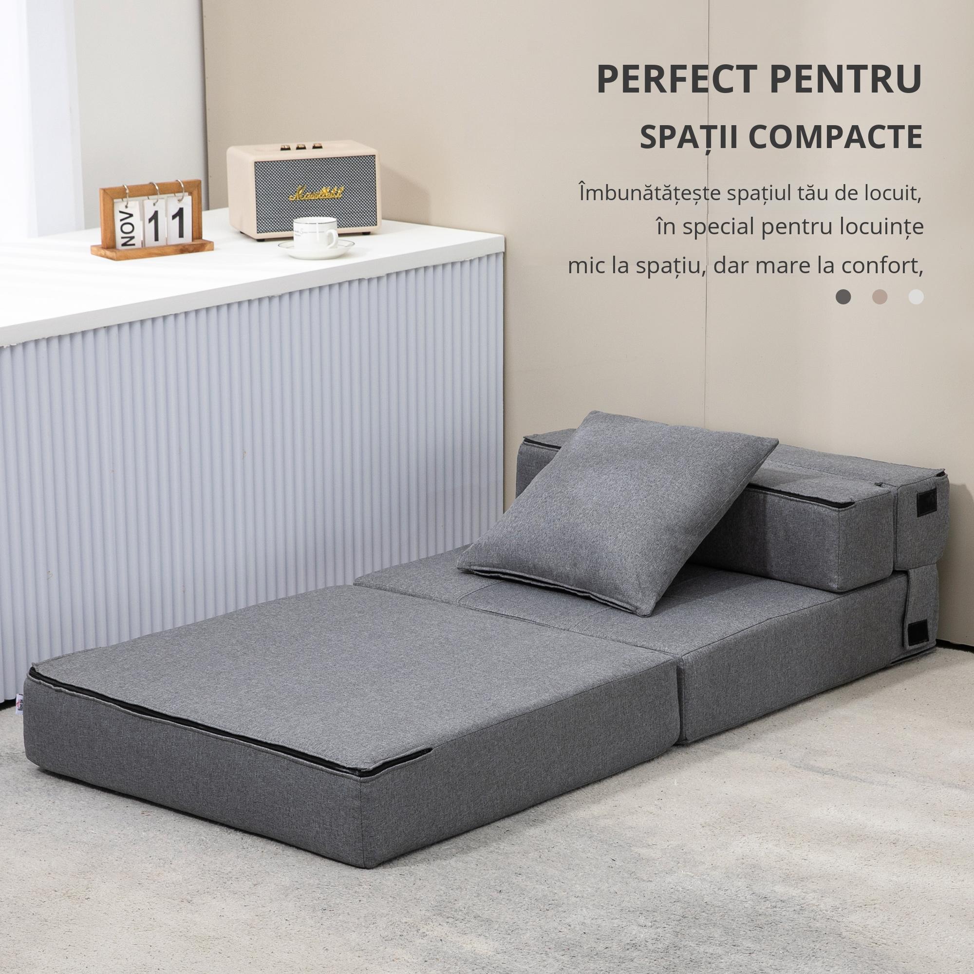  Fotoliu Pliabil Convertibil in Pat Single cu Perna Inclusa, 70x70x61 cm, Gri [4]