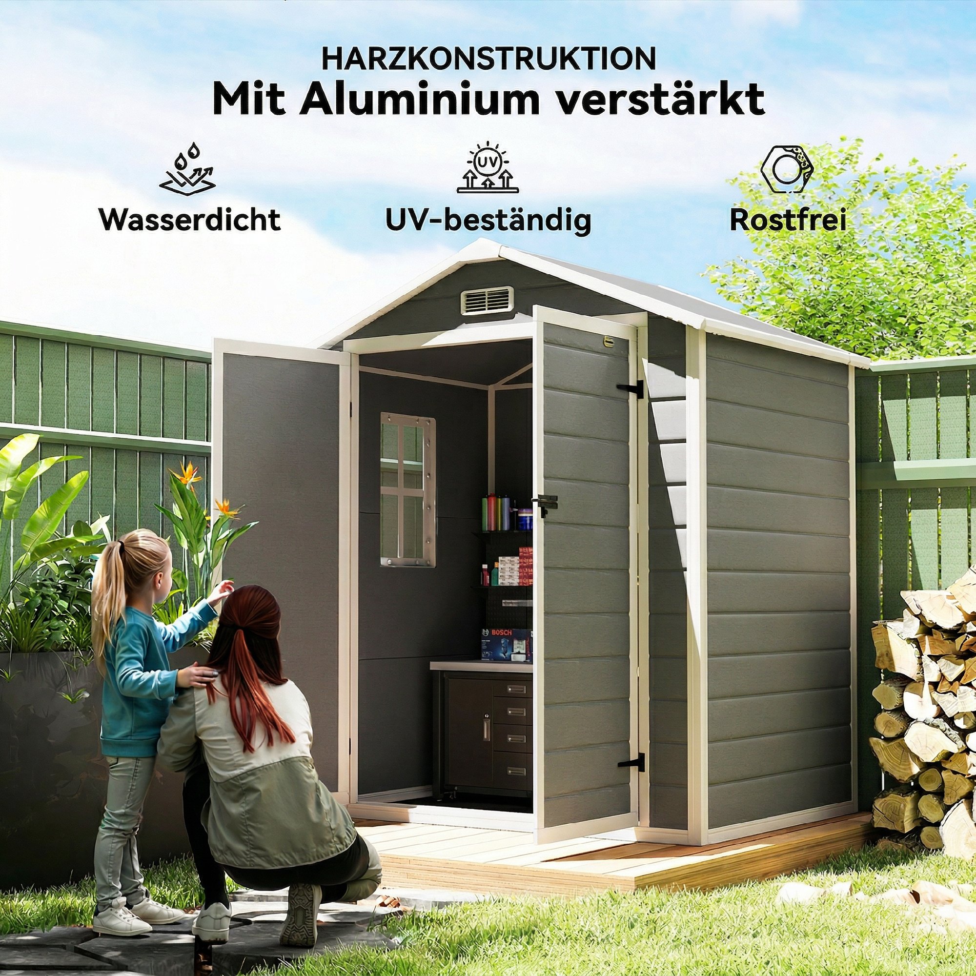  Casuta de Gradina cu Fereastra si Usi Duble din PP si Aluminiu, 183x134x210 cm, Gri [4]