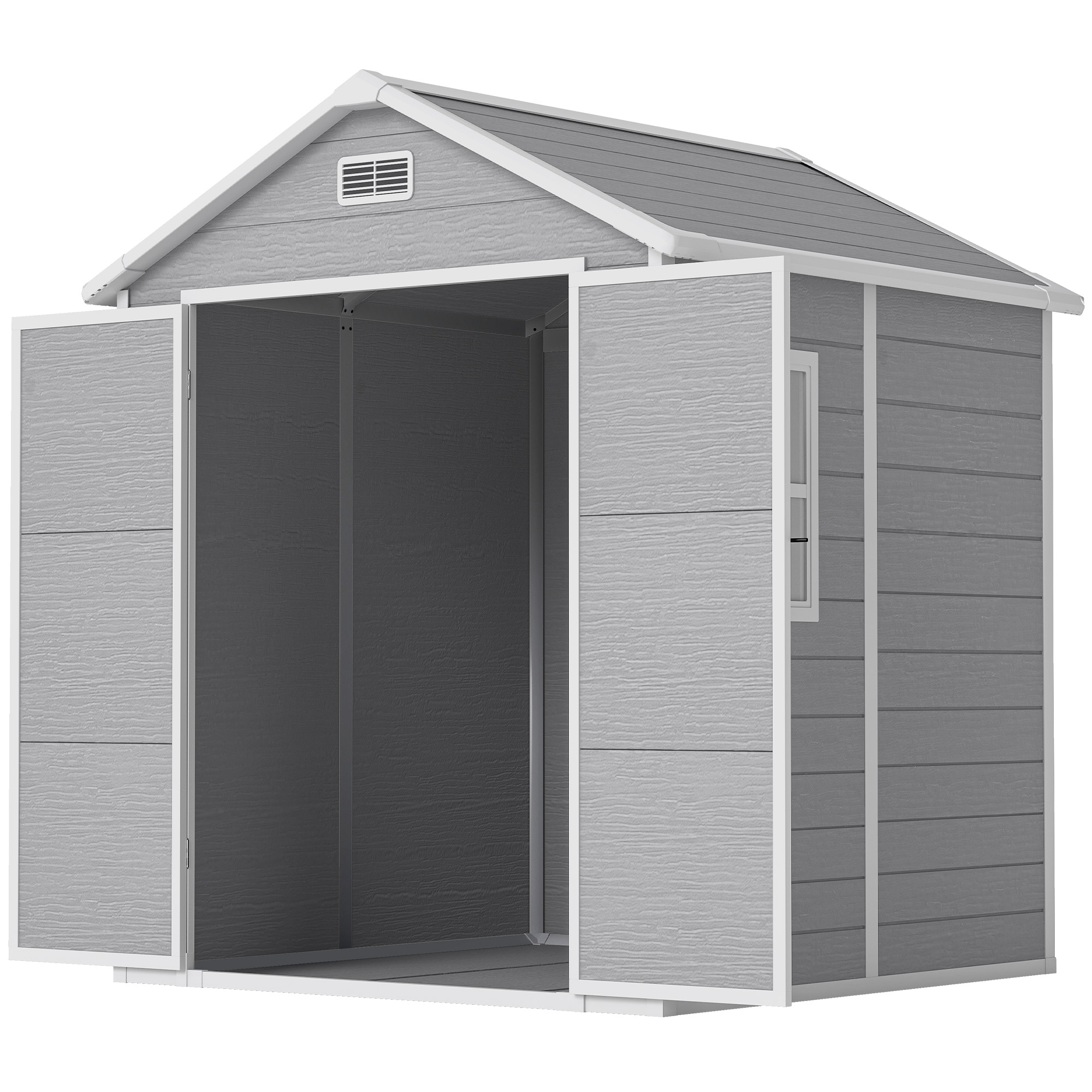 Outsunny Abri de jardin en résine 2,7 m² avec plancher portes à loquet 3 fenêtre structure en aluminium 240 x 190 x 228 cm gris
