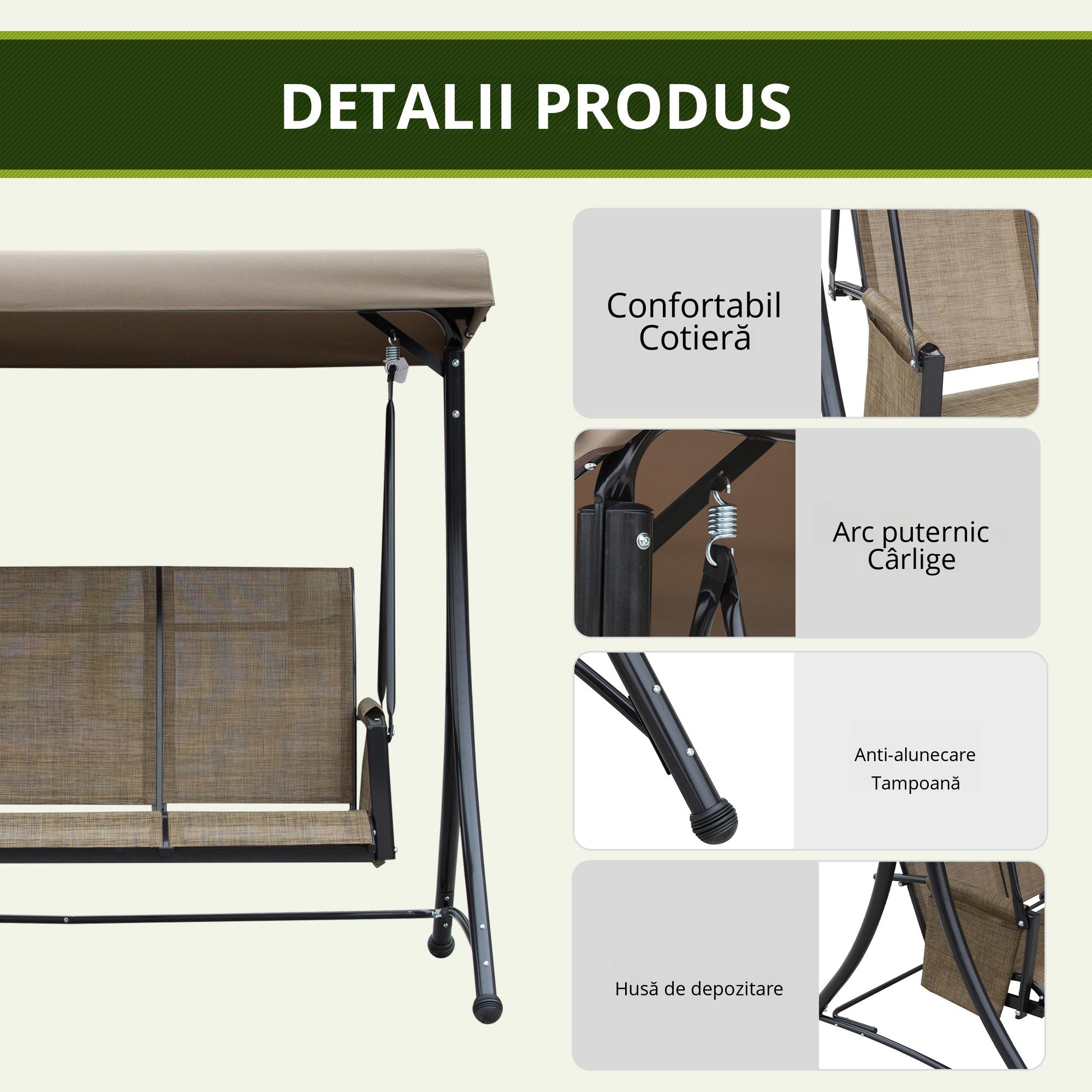  Balansoar de Gradina cu 3 Scaune, Acoperis si Buzunare de Depozitare, Gri [4]