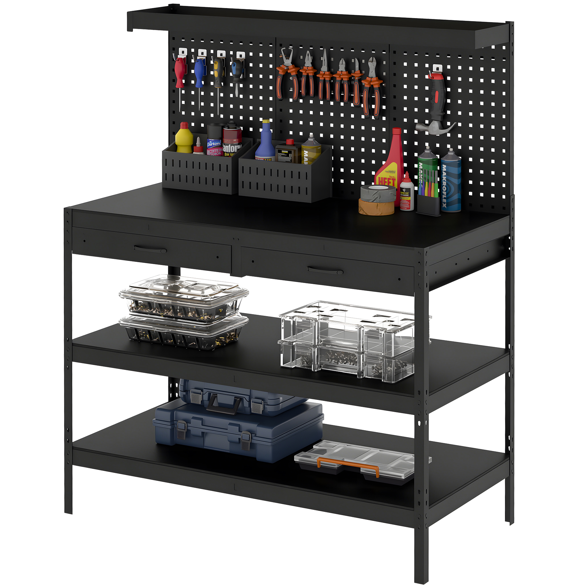 HOMCOM Établi d'Atelier, Charge Max. 272 kg, 122x61x156 cm, Panneau Perforé, 2 Tiroirs et 2 Étagères Réglables, Noir