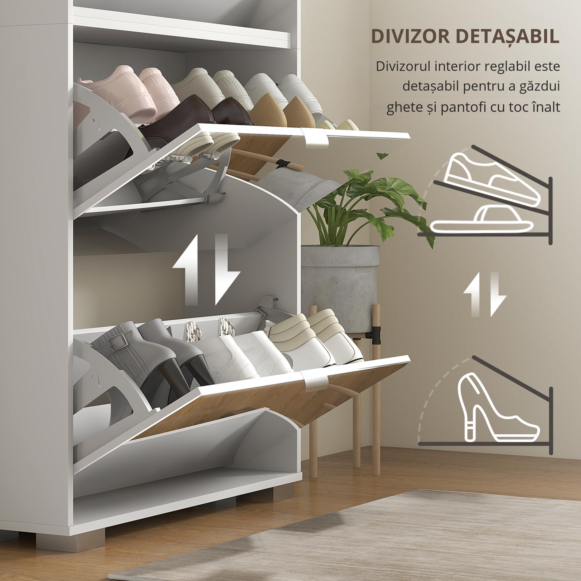  Dulap pentru Depozitarea incaltamintei cu Usi, Oglinda si 4 Sertare Rabatabile, 76x26x168 cm, Alb [3]