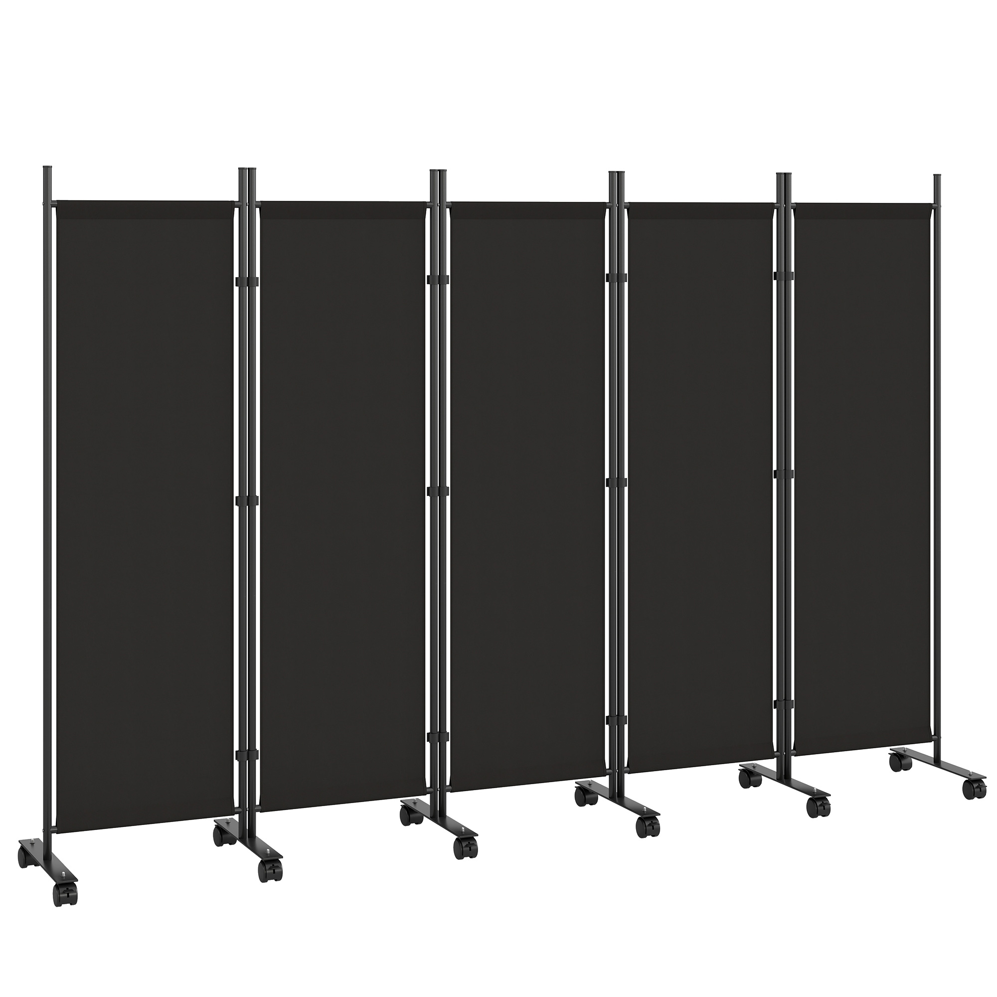 Outsunny Faltbarer Paravent für Innenbereich, 5 Paneele, 252x40x170 cm, freistehender Raumteiler aus Stahl mit 12 Rollen, Raumteiler für Zuhause, Wohnzimmer und Büro, Schwarz Aosom